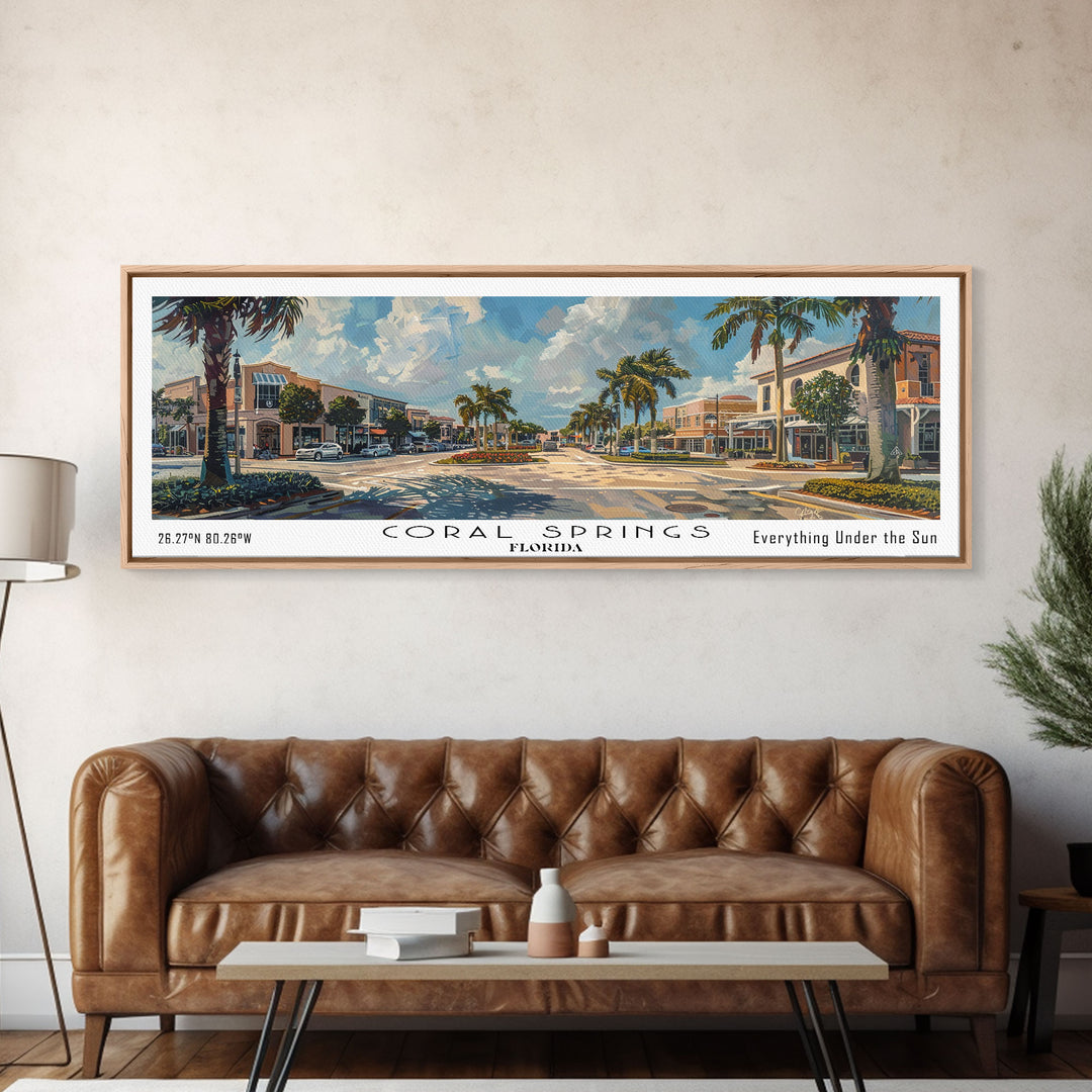 Coral Springs Florida Panoramic Watercolor Painting Framed Canvas Print, Travel Poster Art, Coastal View, Home Decor, Living Room Wall Art, Office Decoration, Gift for Beach Lovers