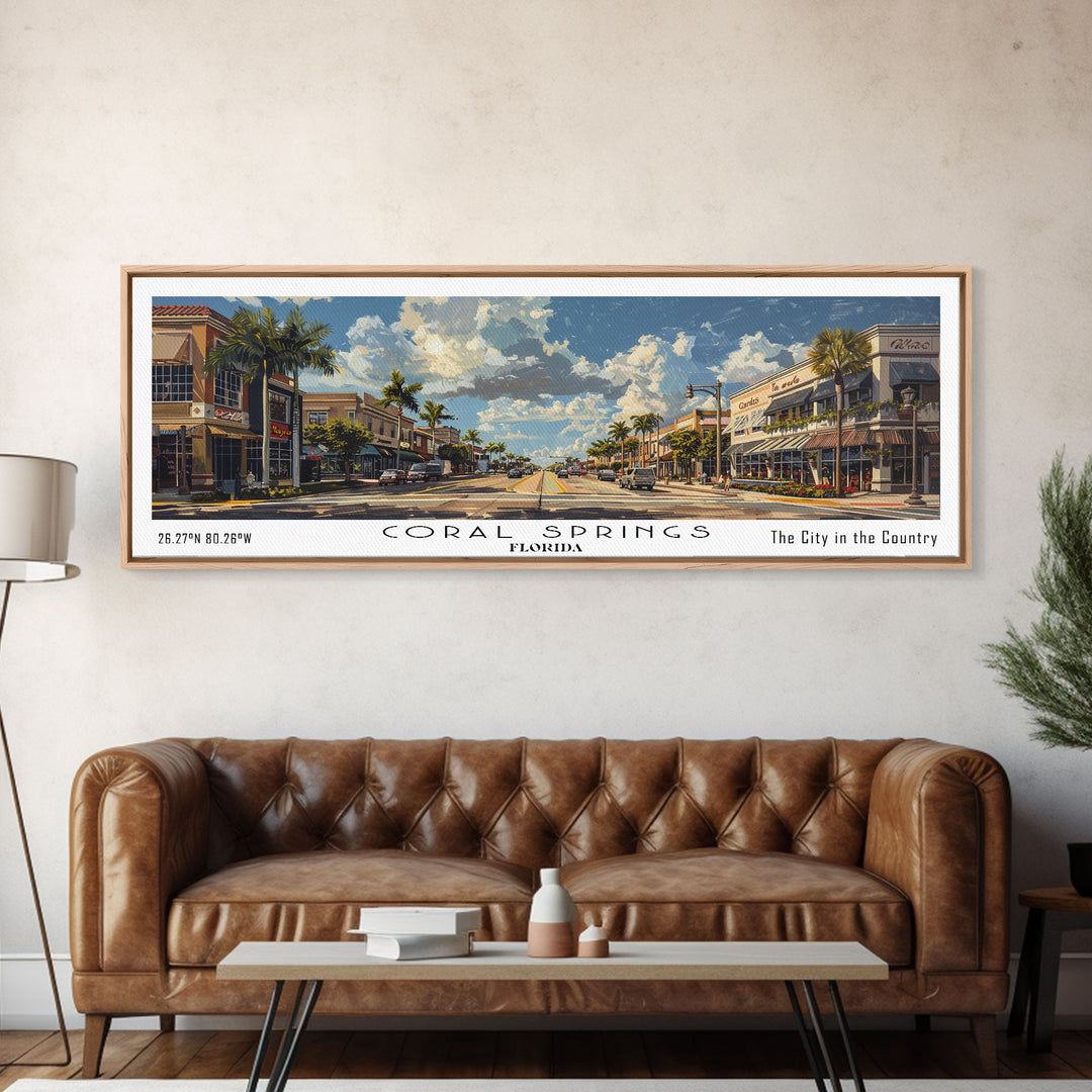 Coral Springs Florida Panoramic Watercolor Painting Framed Canvas Print, Travel Poster Art, Scenic Coastal View, Bedroom Wall Art, Living Room Decoration, Office Wall Art, Florida-Themed Gift