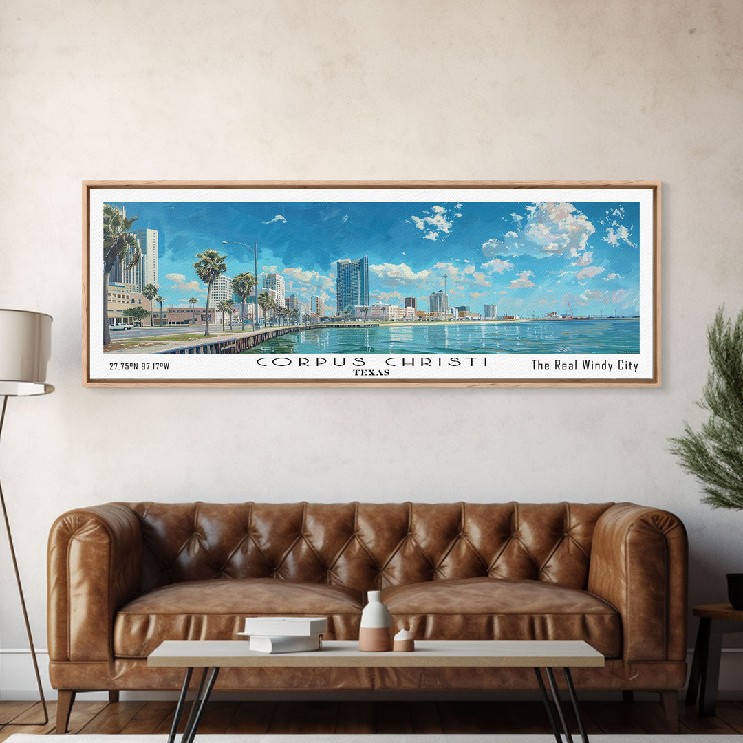 Corpus Christi Texas Panoramic Watercolor Painting, Scenic Framed Canvas Print, Coastal Wall Art for Living Room, Travel Decor, City Print, Vacation Gift