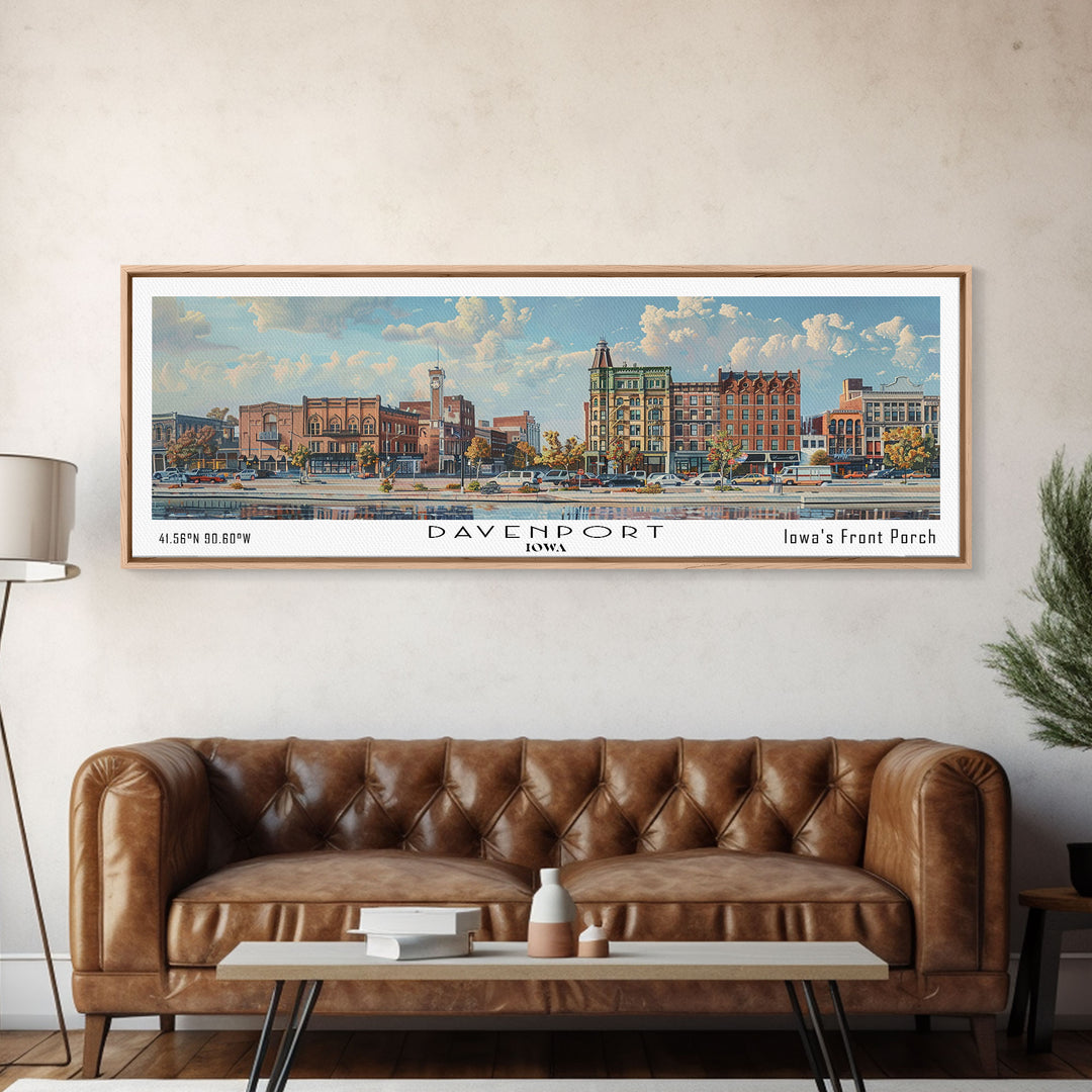 Davenport Iowa Panoramic Watercolor Painting, Scenic Framed Canvas Print, Urban Wall Art for Office, Travel Poster, Home Decor, City Gift Idea
