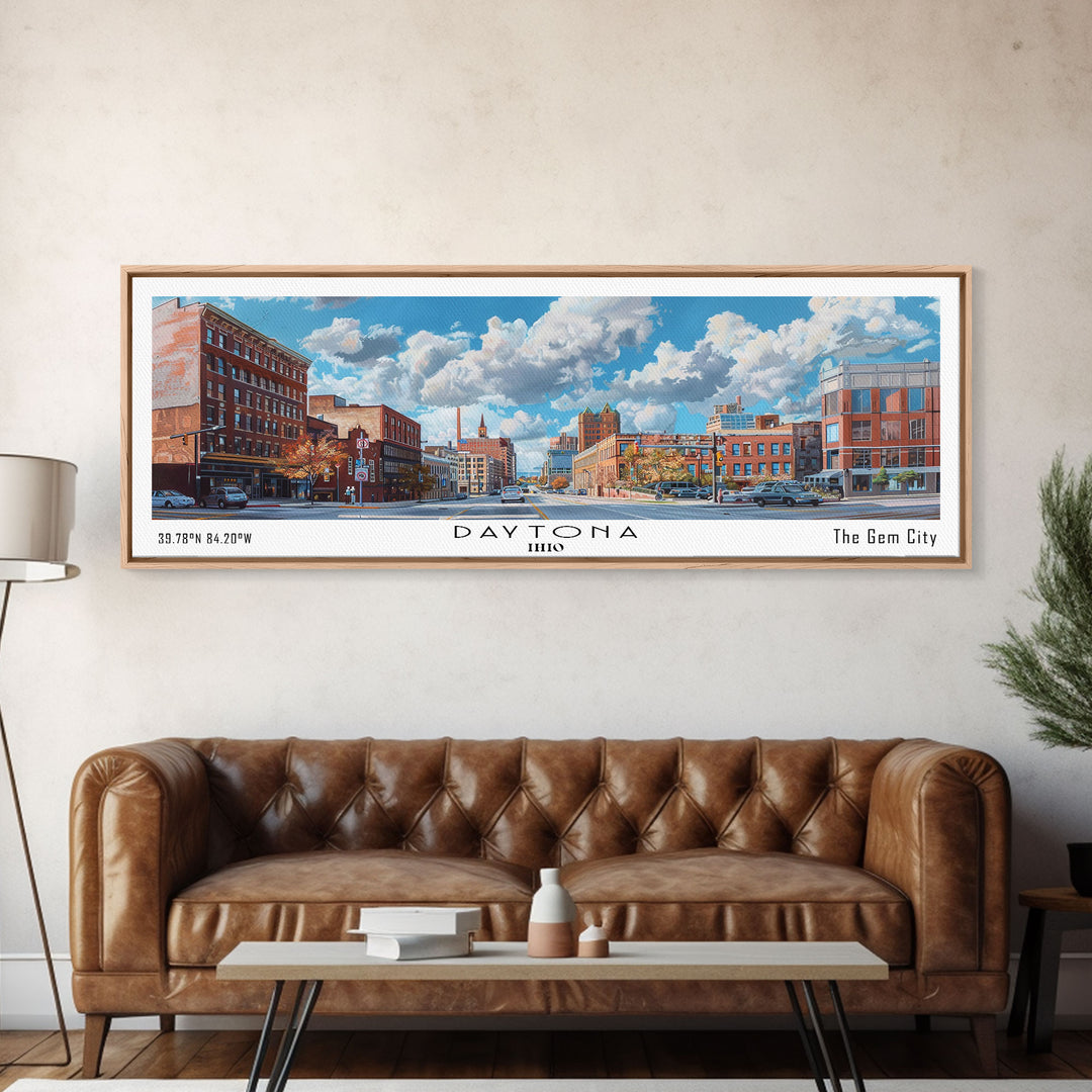 Daytona Ohio Panoramic Watercolor Painting, Scenic Framed Canvas Print, Urban Wall Art for Office, Travel Poster, Home Decor, City Gift Idea