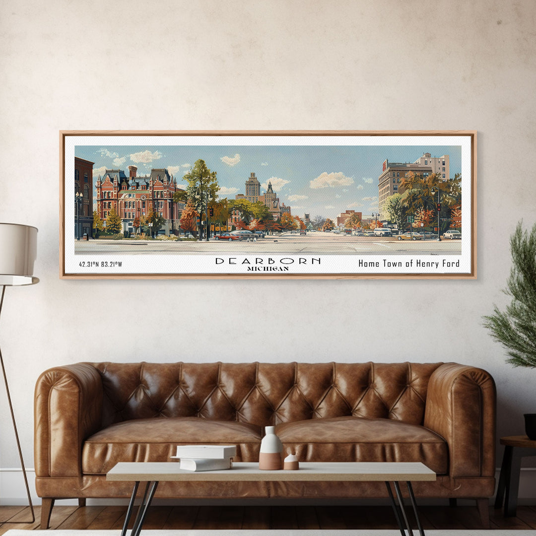 Dearborn Michigan Panoramic Watercolor Painting, Scenic Framed Canvas Print, Urban Wall Art for Living Room, Travel Decor, City Print, Gift Idea
