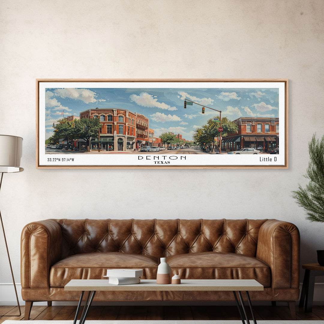 Denton Texas Panoramic Watercolor Painting, Scenic Framed Canvas Print, Urban Wall Art for Living Room, Travel Decor, City Print, Gift Idea