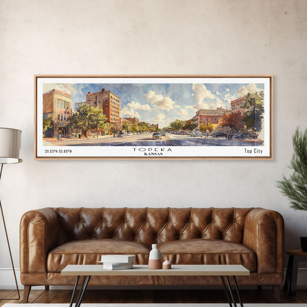 Topeka Kansas Panoramic Wall Art, Framed Canvas Print, Vintage Style Travel Poster, Home Decor, Artistic Office Piece, Unique Gift Idea