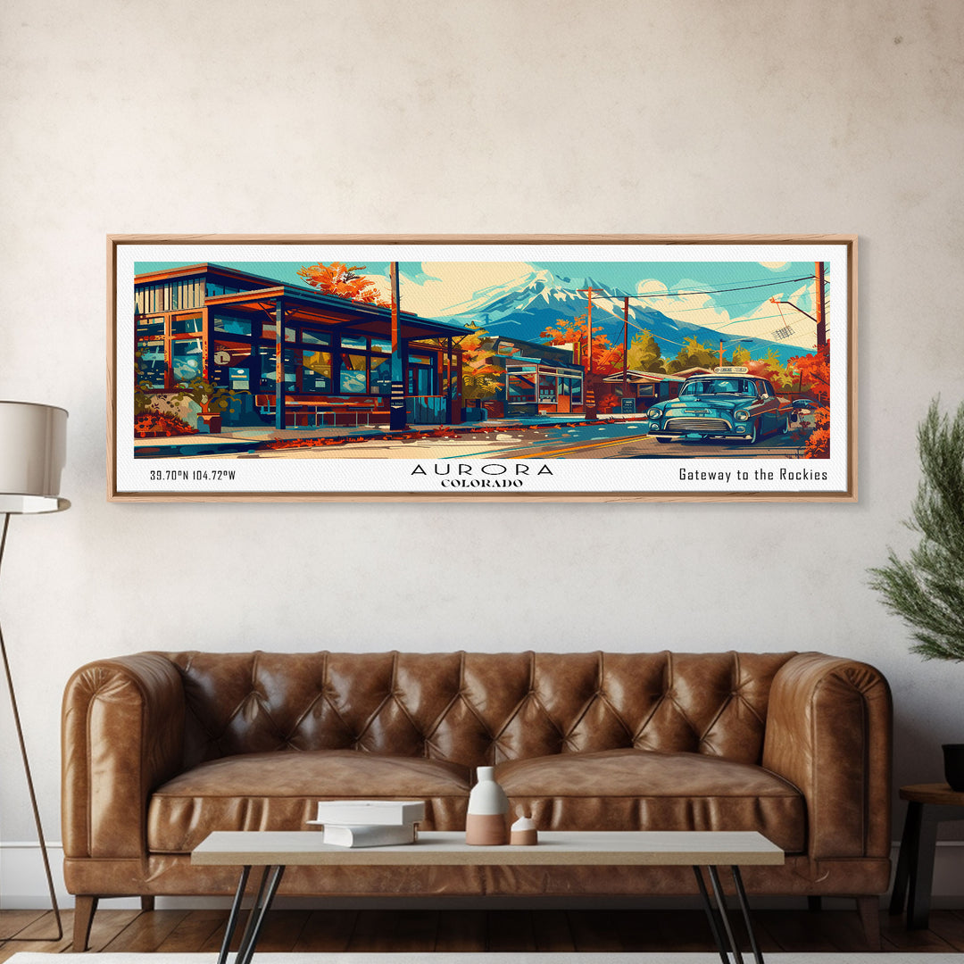 Aurora Colorado Panoramic Painting Framed Canvas Print, Mid Century Modern Art, Pop Art Style, Travel Poster, Wall Art Decor, Retro Style