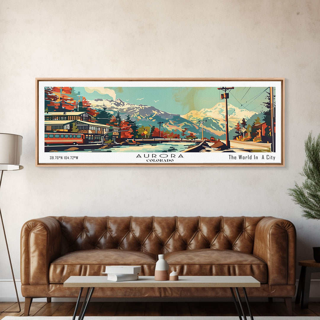 Aurora Colorado Panoramic Wall Art, Retro Pop Art Framed Canvas Print, Mid Century Modern Travel Poster, Living Room Decor, Wall Hanging, Office Art