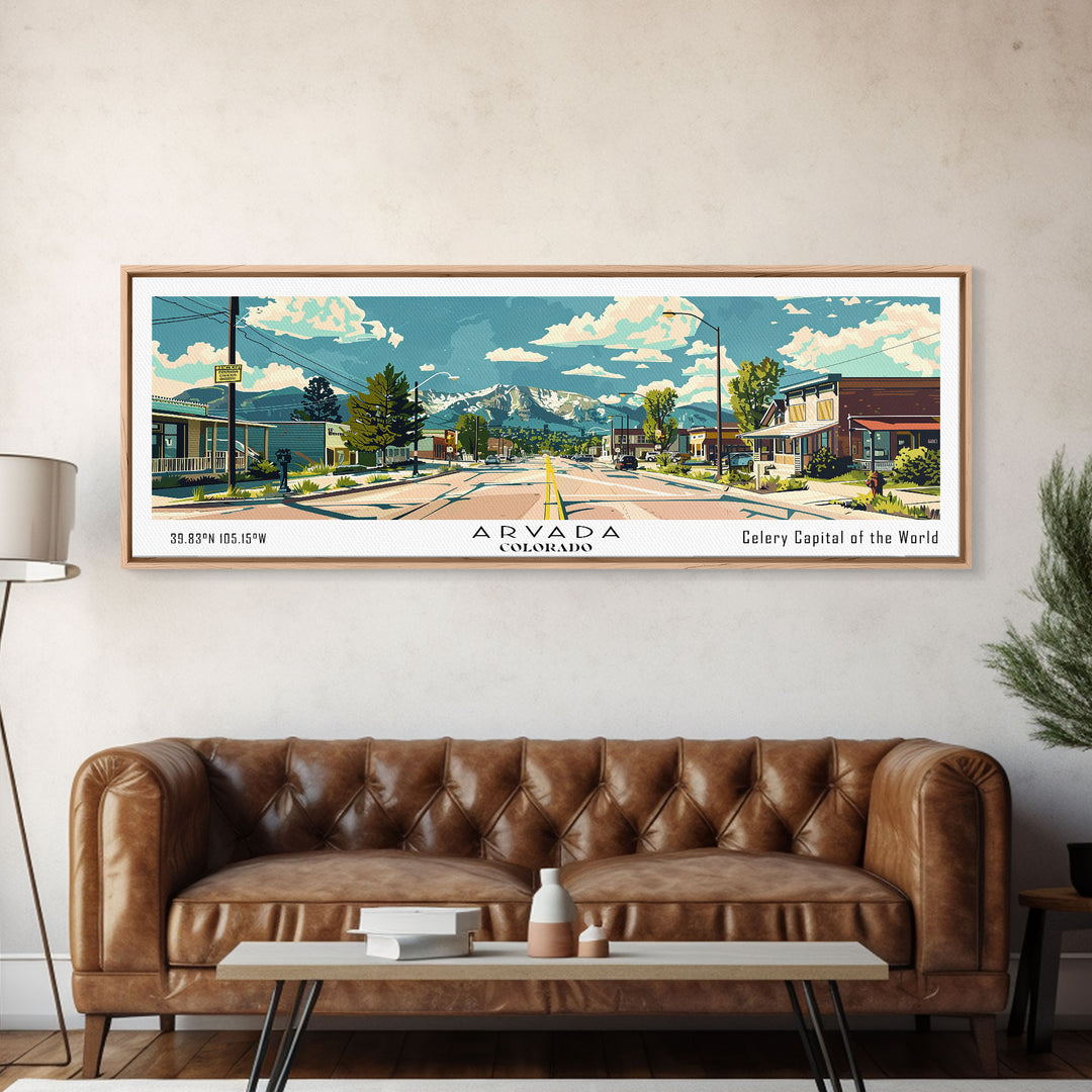 Arvada Colorado Panoramic Painting, Mid Century Modern Framed Canvas Print, Retro Pop Art Travel Poster, Living Room Wall Art, City Print