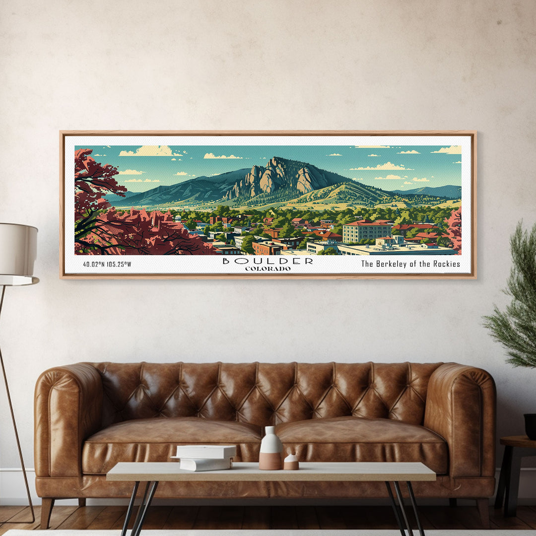Boulder Colorado Panoramic Painting, Mid Century Modern Framed Canvas Print, Retro Pop Art Travel Poster, Living Room Wall Art Decor, City Print