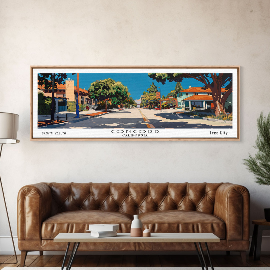 Concord California Panoramic Painting, Mid Century Modern Framed Canvas Print, Retro Pop Art Travel Poster, City Wall Decor, Office Decor
