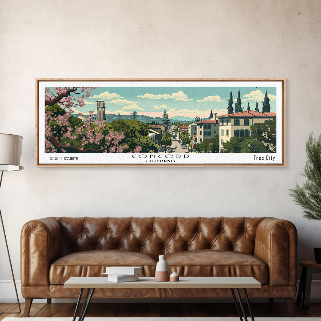 Concord California Panoramic Painting, Mid Century Modern Framed Canvas Print, Retro Pop Art Travel Poster, City Wall Decor, Office Decor