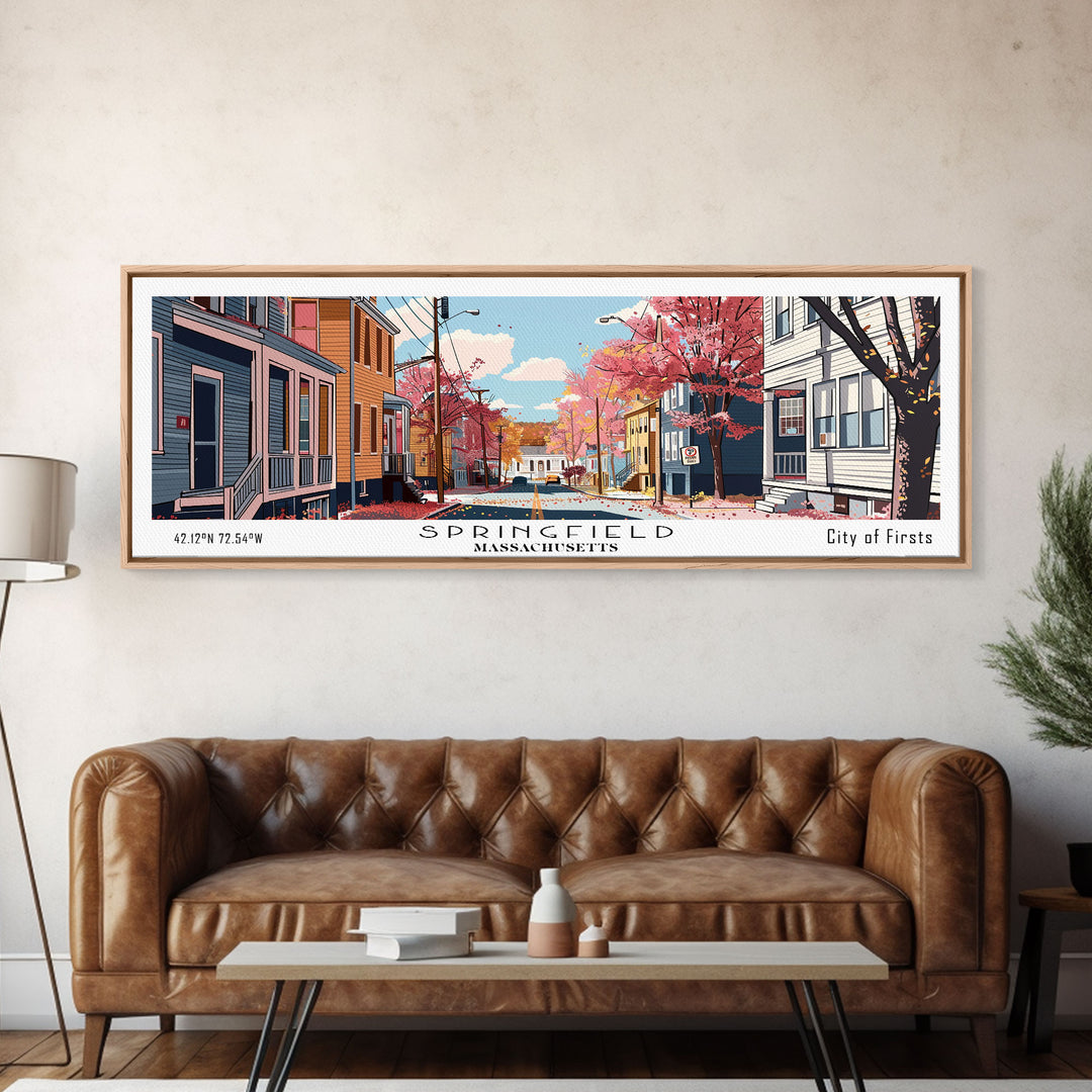 Springfield Massachusetts Panoramic Painting, Mid Century Modern Framed Canvas Print, Retro Pop Art Travel Poster, Living Room Wall Art Decor