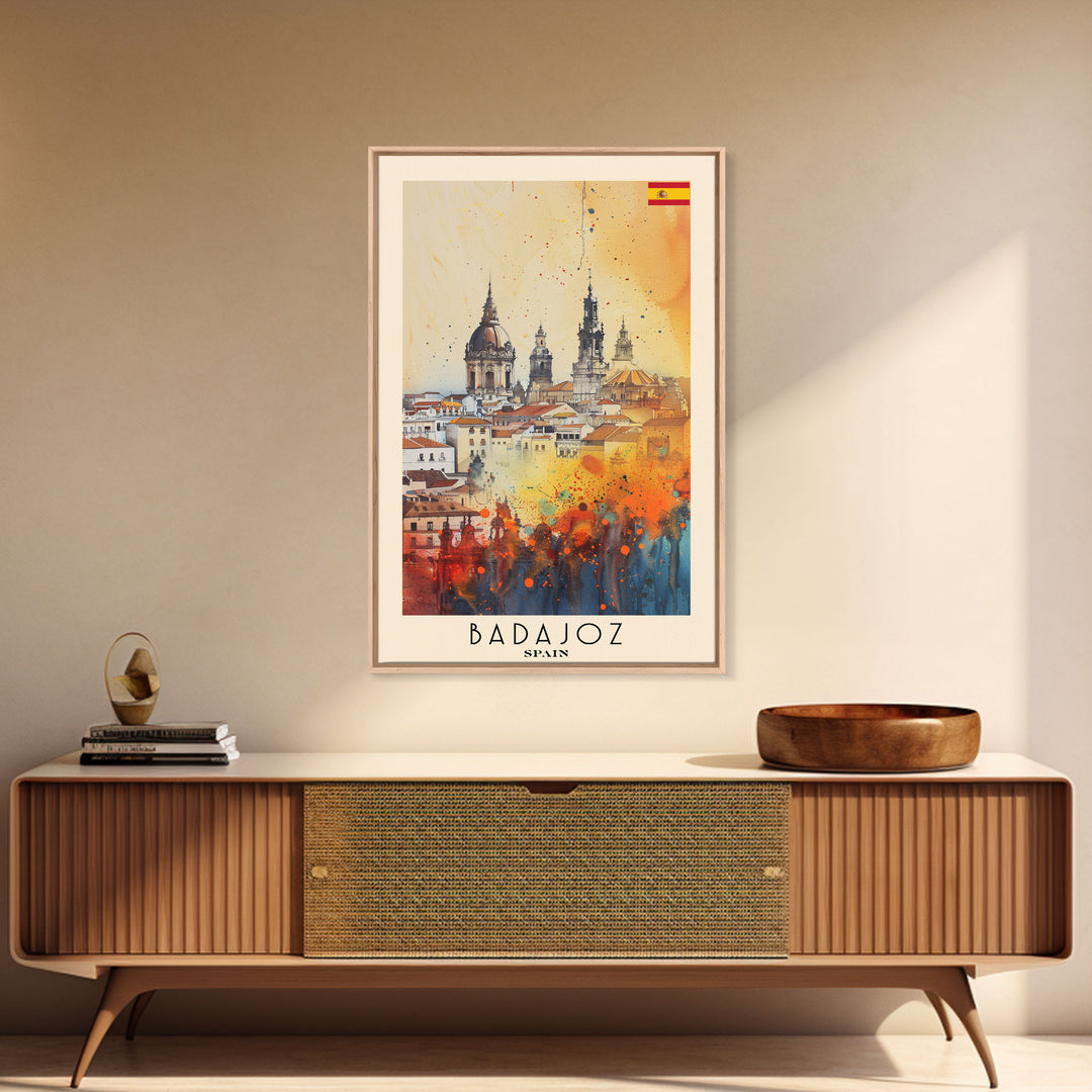 Badajoz Spain Travel Poster Framed Canvas Print, Wall Art, Home Decor, Vacation Print, Watercolor Painting, Cityscape Art, Vibrant Colors