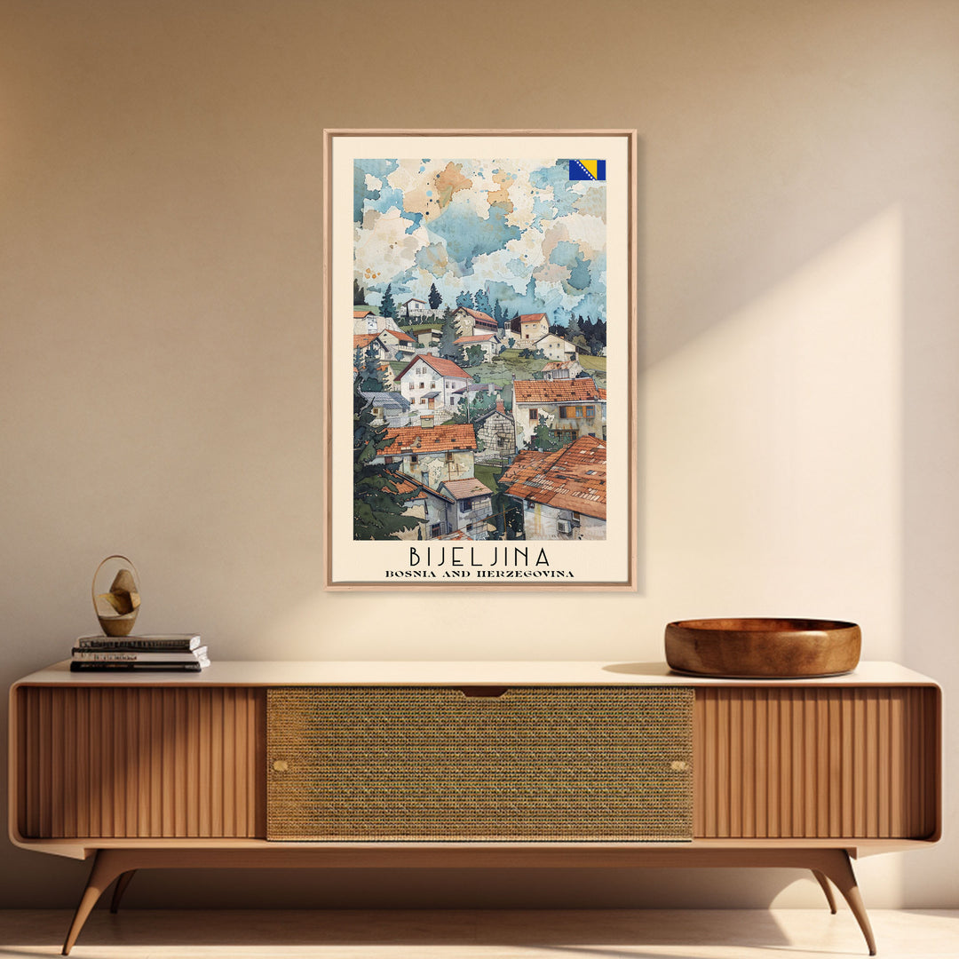 Bijeljina Bosnia and Herzegovina Travel Poster Framed Canvas Print, Watercolor Art, Home Decor, Wall Art, Travel Print