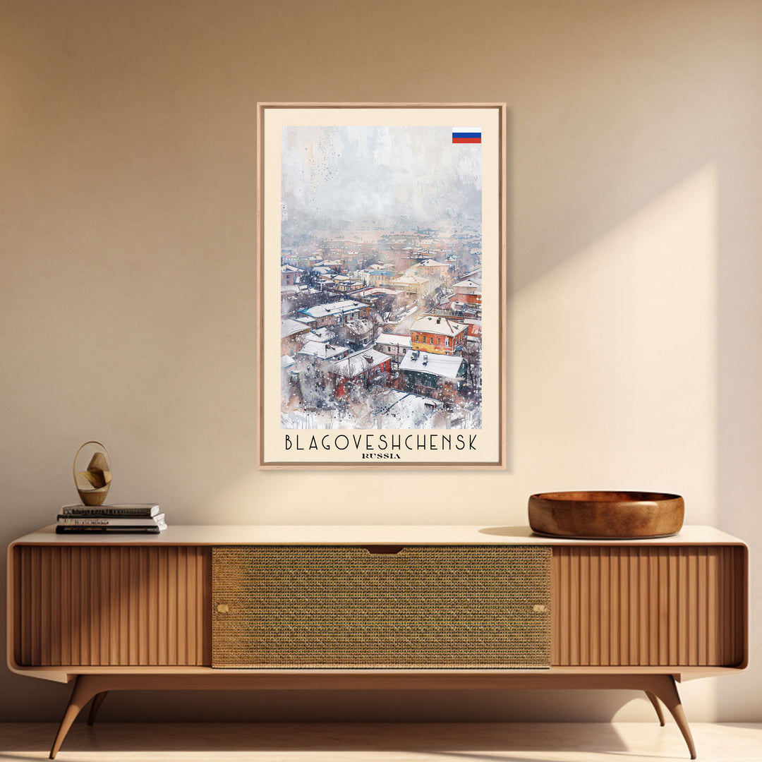 Blagoveshchensk Russia Travel Poster Framed Canvas Print, Wall Art, Home Decor, Travel Print, Winter Scene, Original Art
