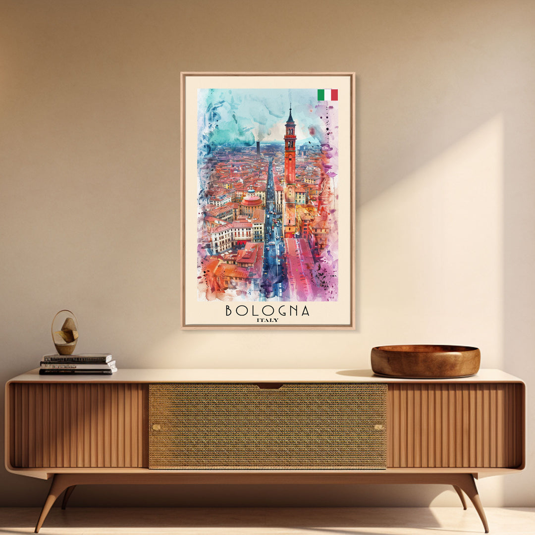 Bologna Italy Travel Poster Framed Canvas Print, Wall Art, Home Decor, Travel Print, Cityscape Art, Colorful Design, Original Art