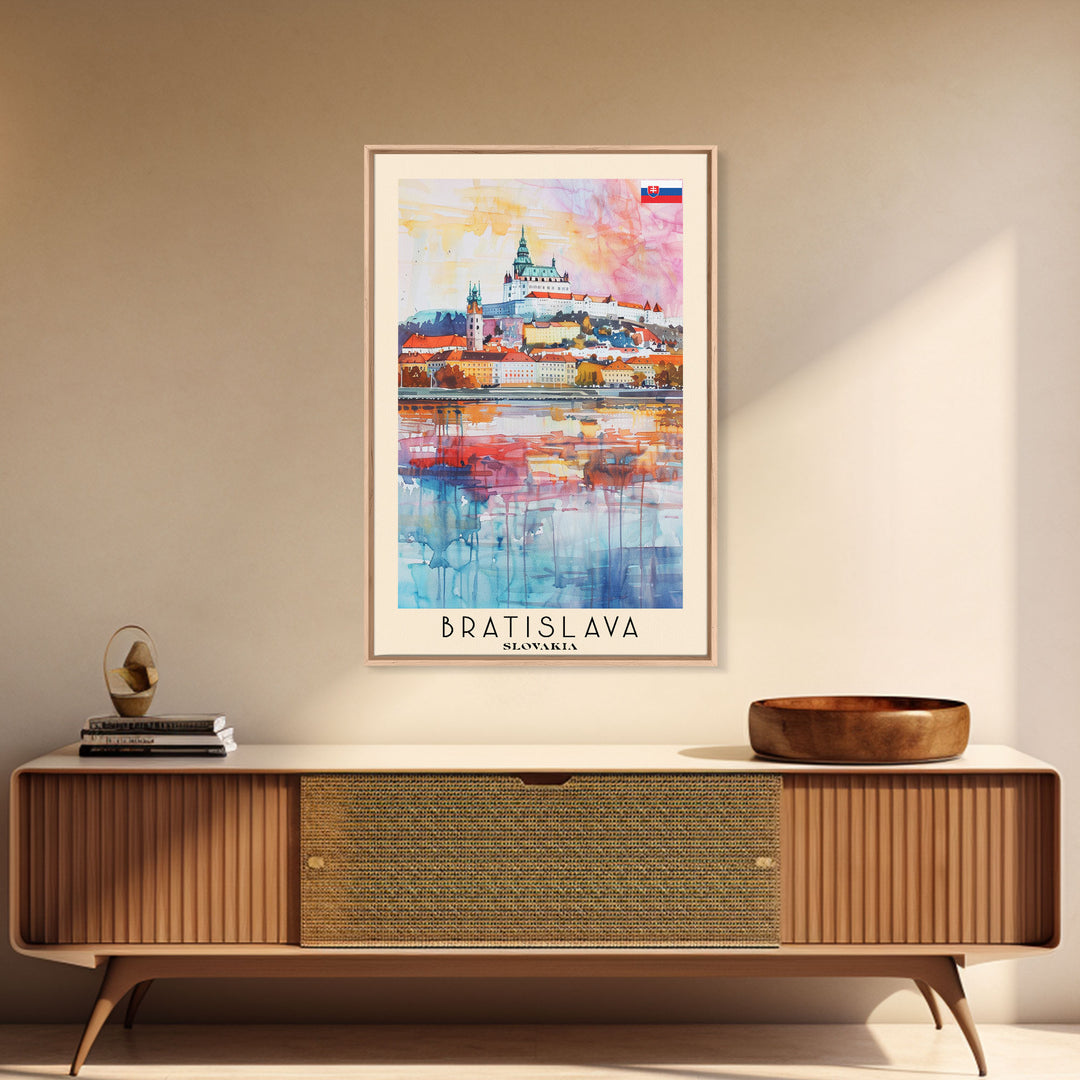 Bratislava Slovakia Travel Poster Framed Canvas Print, Wall Art, Home Decor, Watercolor Painting, Travel Print, Boho Style Art