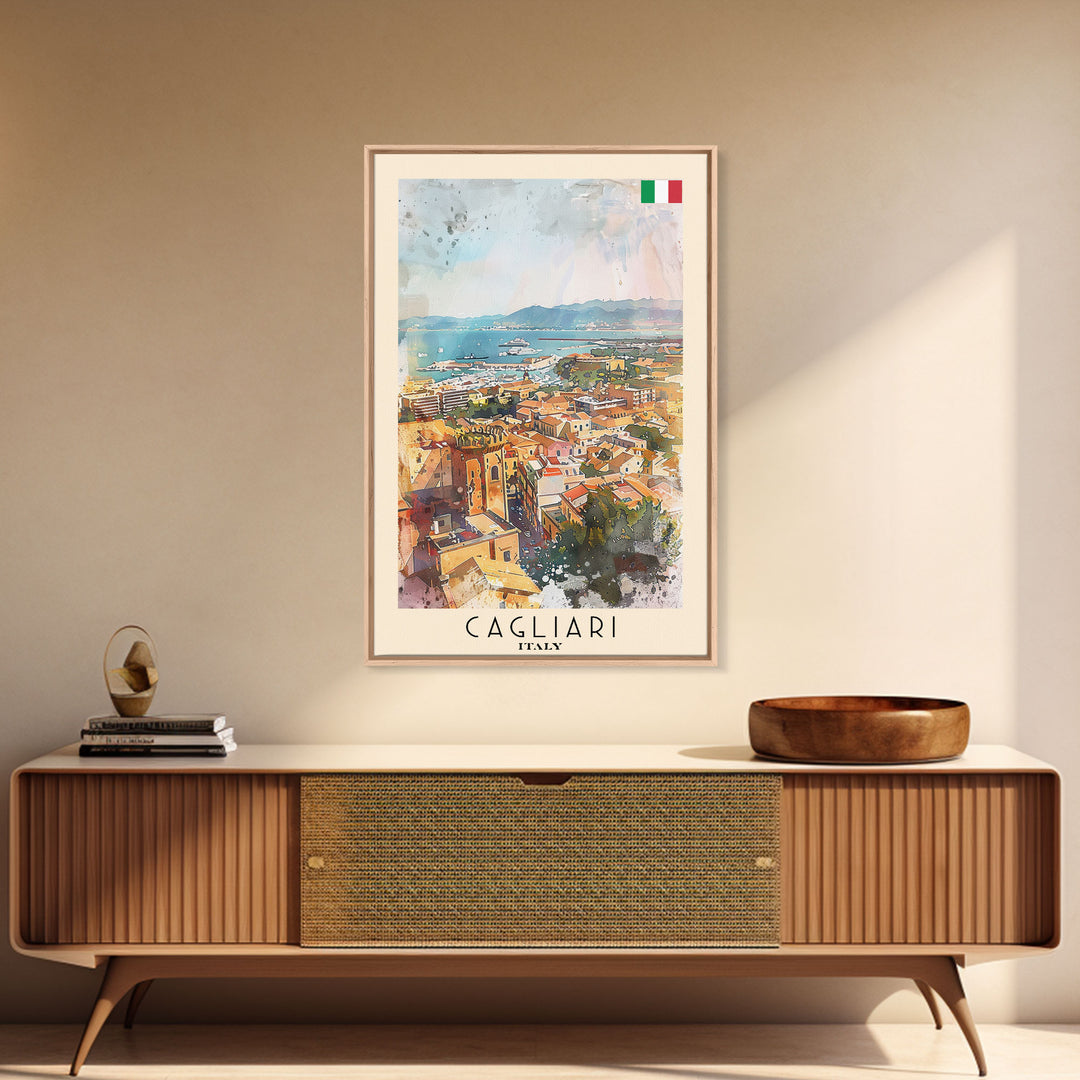 Cagliari Italy Travel Poster Framed Canvas Print, Wall Art, Home Decor, Travel Print, Vacation Gift, Watercolor Painting, Original Art