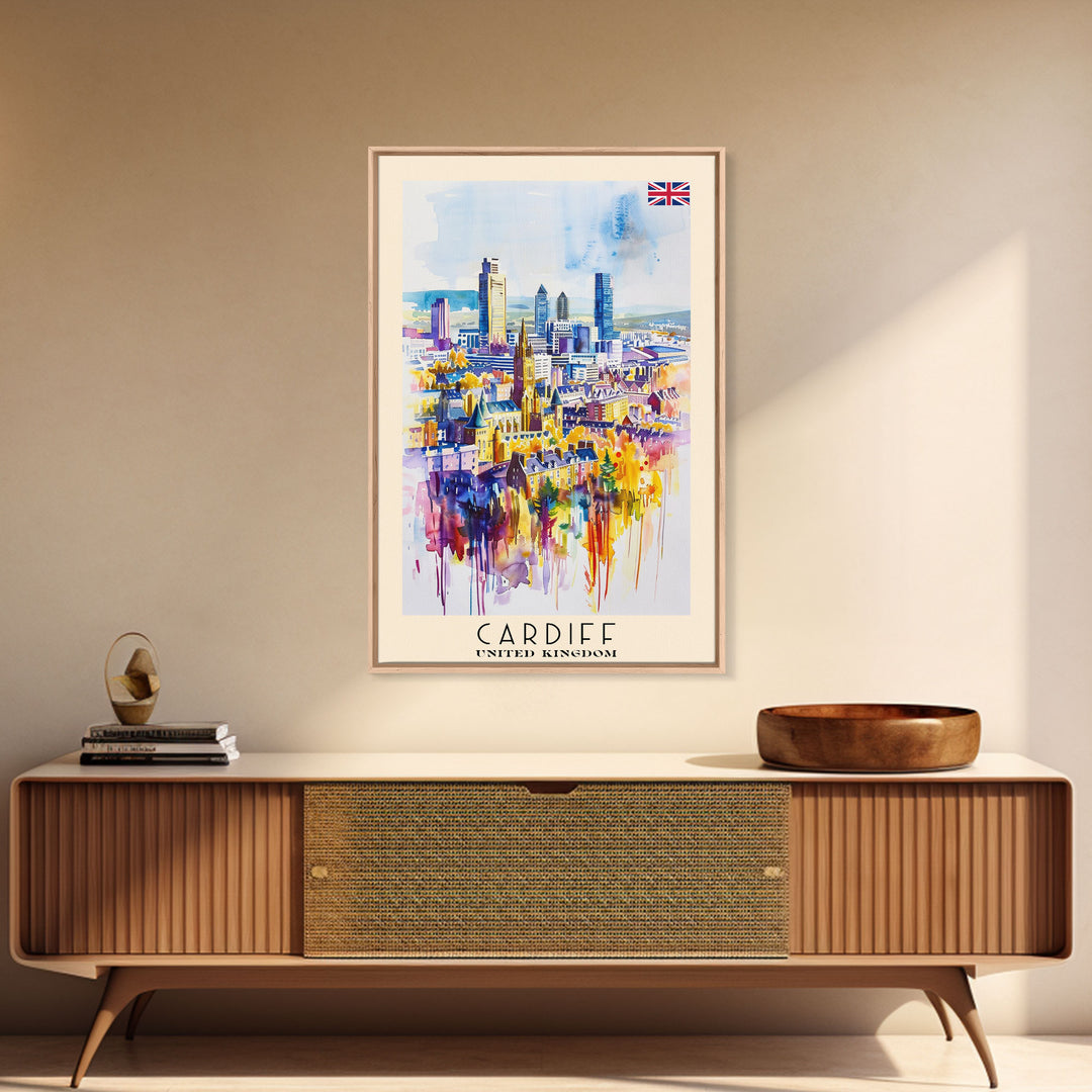 Cardiff United Kingdom Travel Poster Framed Canvas Print, Wall Art, Home Decor, Travel Print, Vacation Gift, Watercolor Painting, Original Art