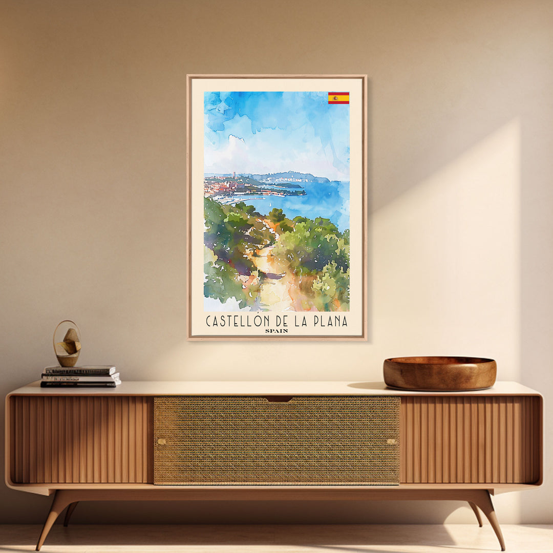 Castellón de la Plana Spain Travel Poster Framed Canvas Print, Wall Art, Home Decor, Travel Print, Vacation Gift, Watercolor Painting, Original Art