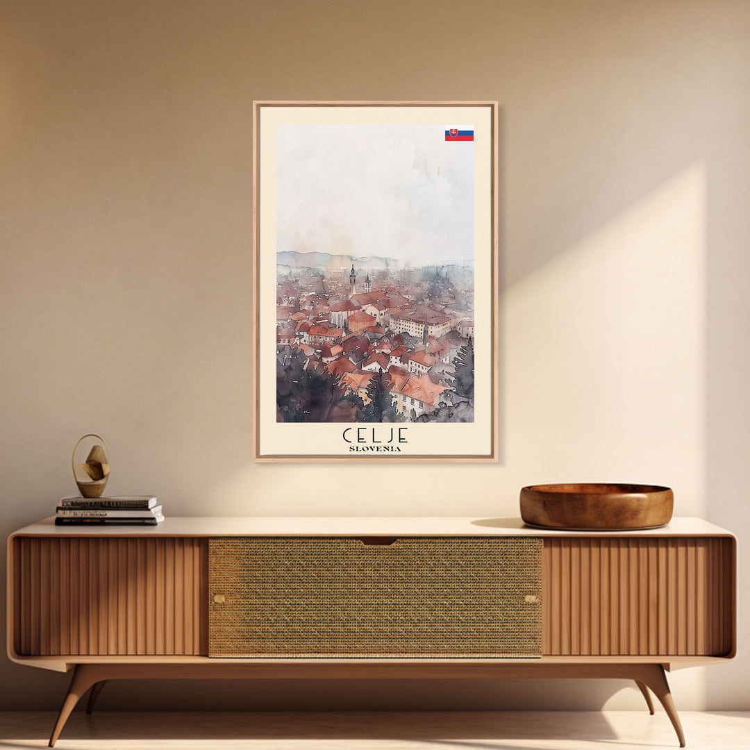 Celje Slovenia Travel Poster Framed Canvas Print, Wall Art, Home Decor, Travel Print, Vacation Gift, Watercolor Painting, Original Art