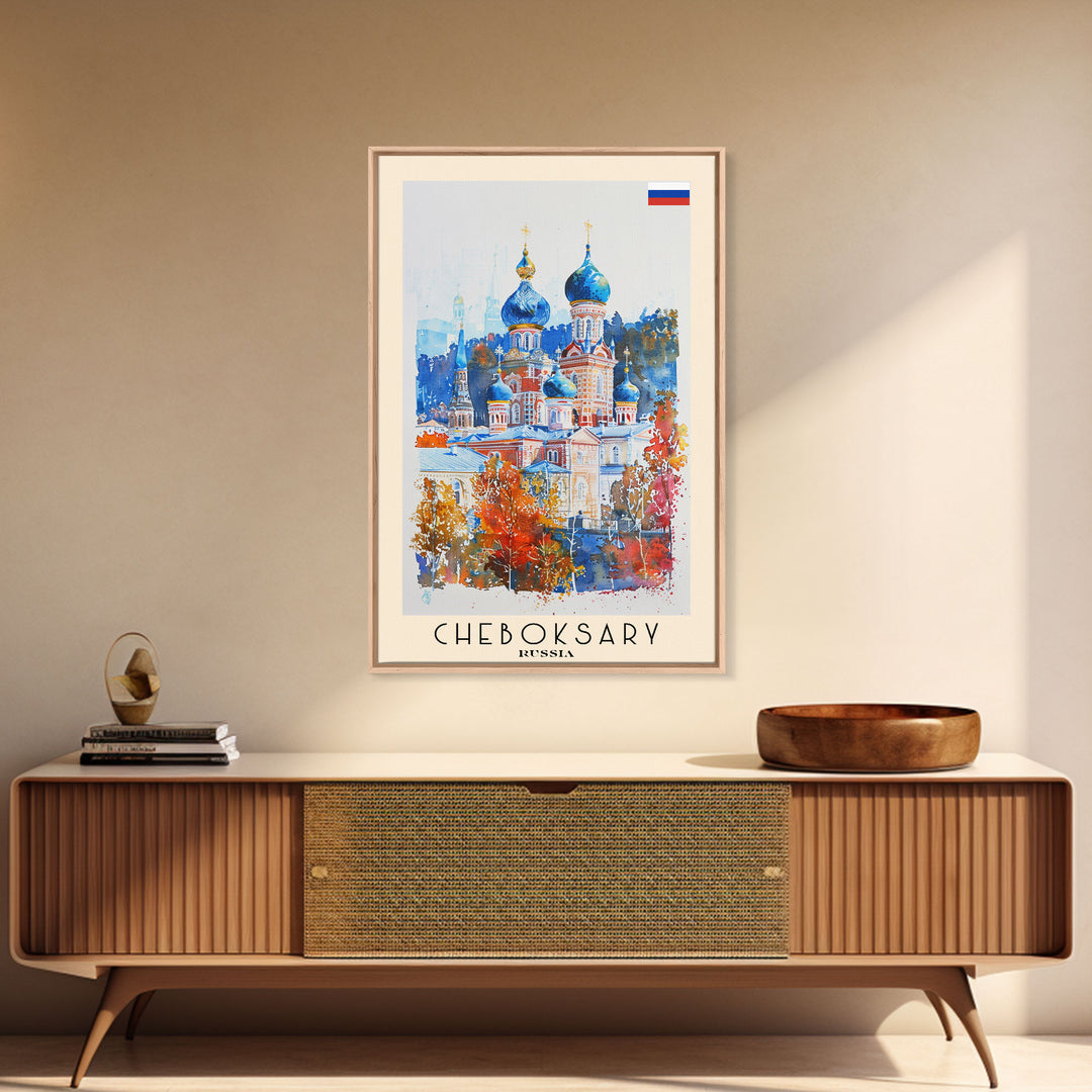 Cheboksary Russia Travel Poster Framed Canvas Print, Wall Art, Home Decor, Travel Print, Boho Watercolor Painting, Original Art