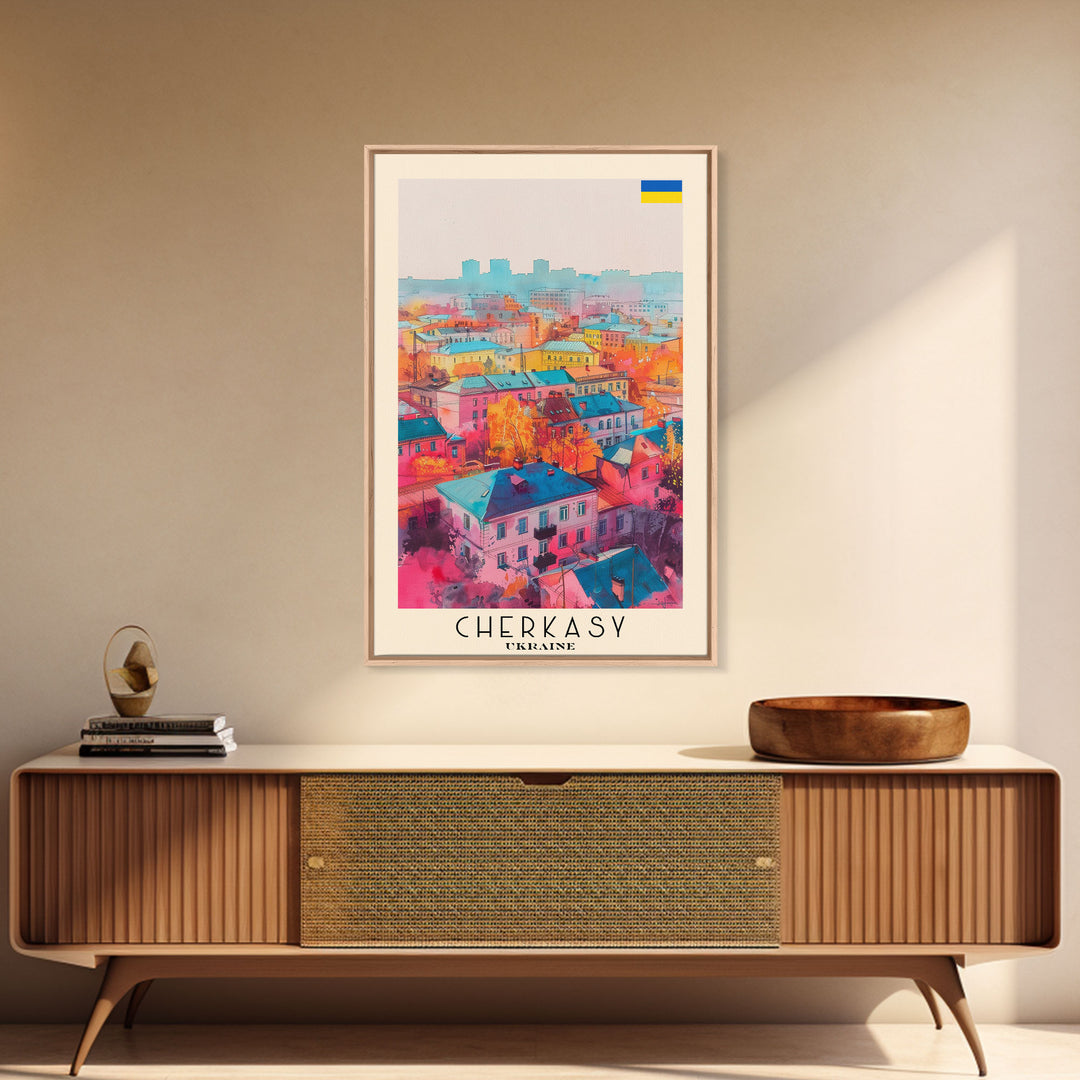 Cherkasy Ukraine Travel Poster Framed Canvas Print, Wall Art, Home Decor, Travel Print, Boho Watercolor Painting, Original Art