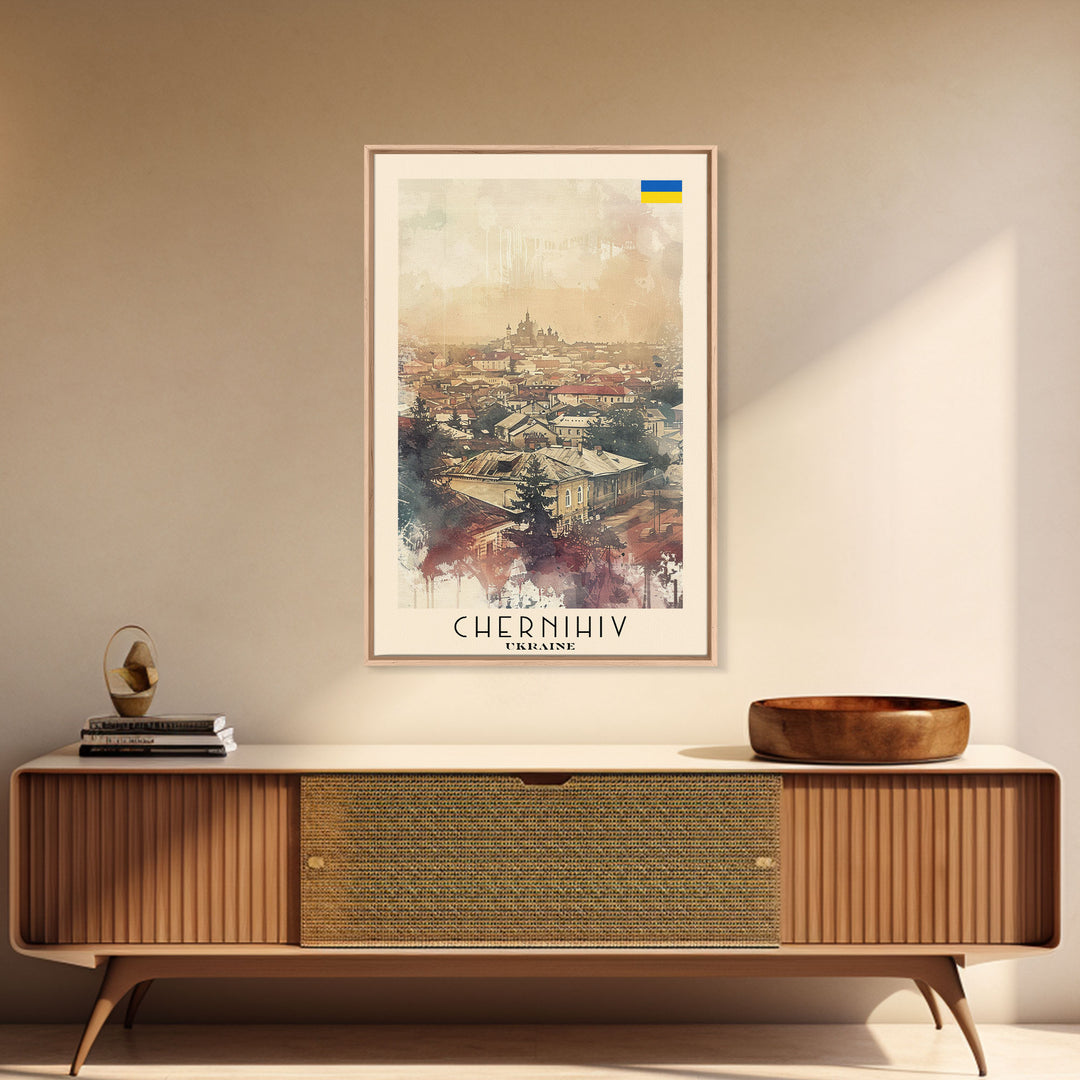 Chernihiv Ukraine Travel Poster Framed Canvas Print, Wall Art, Home Decor, Travel Print, Vintage Watercolor Painting, Original Art