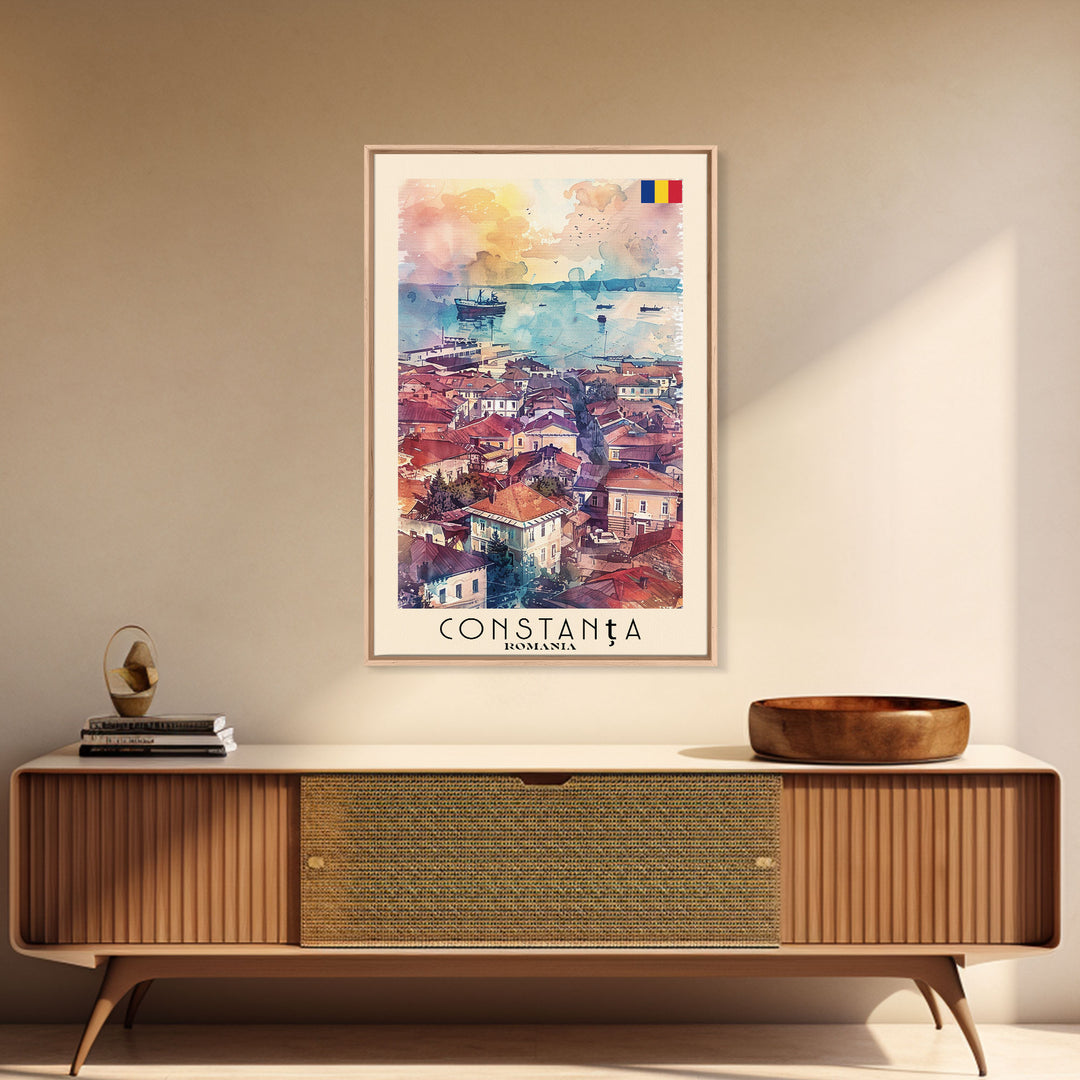 Constanta Romania Framed Canvas Print, Travel Poster Art, Watercolor Painting, Coastal Cityscape Wall Art, Home Decor, Living Room Artwork, Travel Print