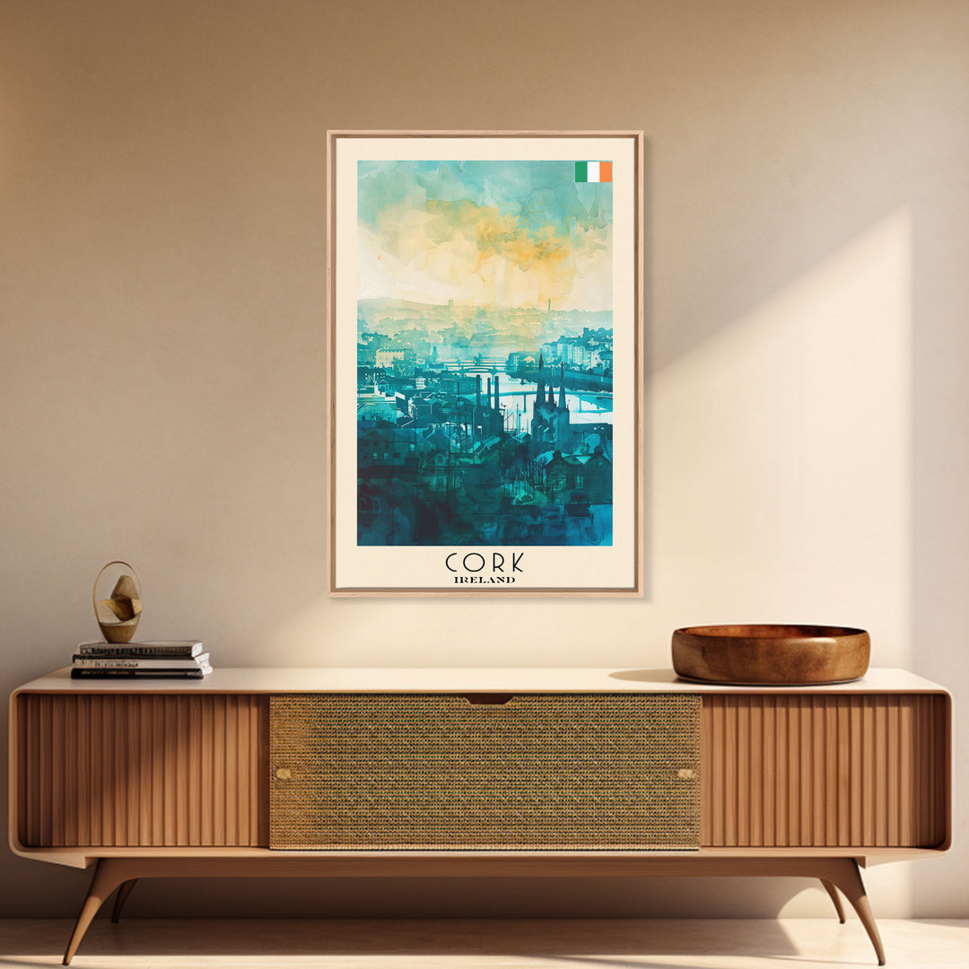 Cork Ireland Watercolor Travel Poster, Framed Canvas Print, Cityscape Wall Art, Home Decoration, Living Room Decor, Original Artwork, Travel Print