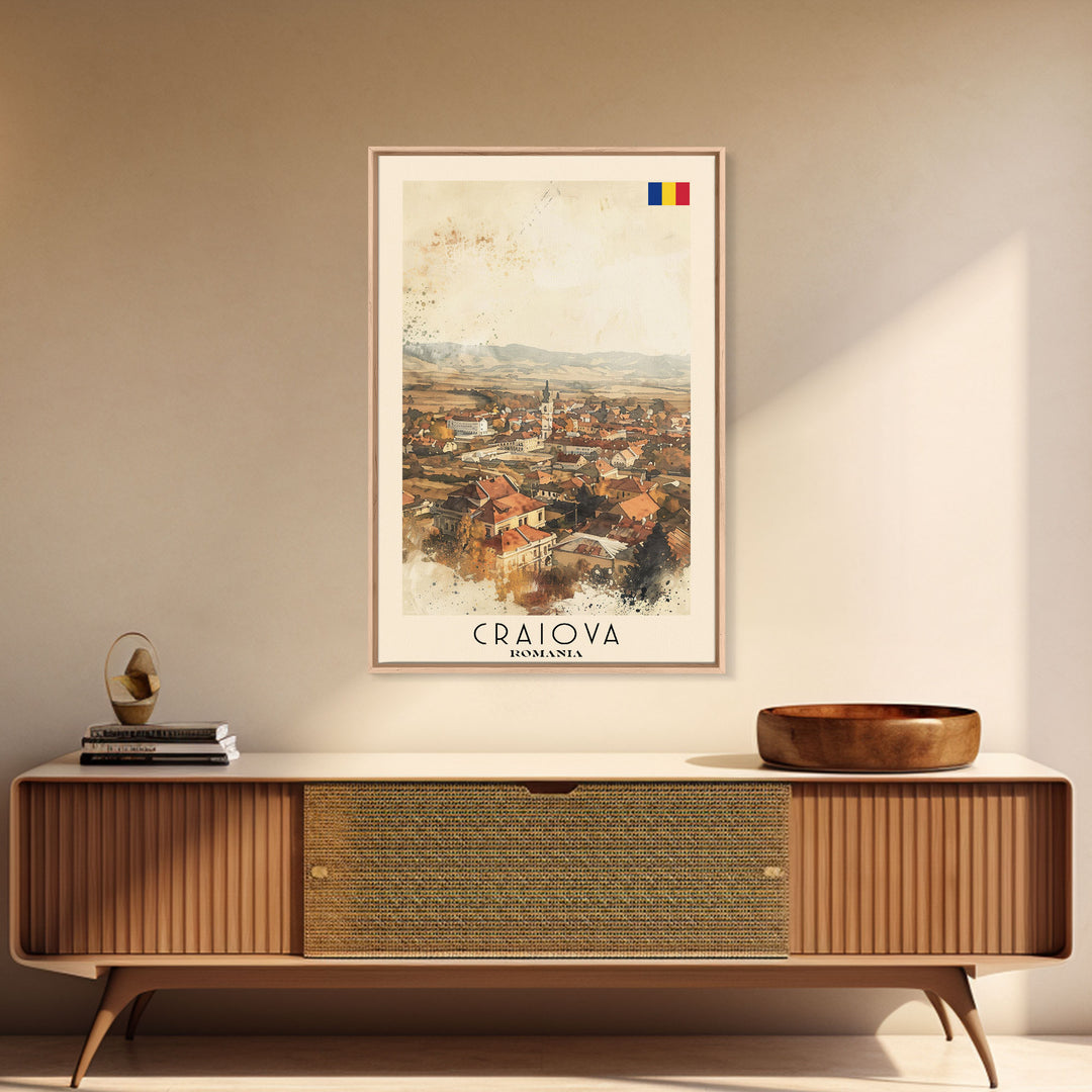 Craiova Romania Watercolor Cityscape, Framed Canvas Print, Travel Poster Art, Home Decor, Living Room Wall Art, Original Painting, Travel Print