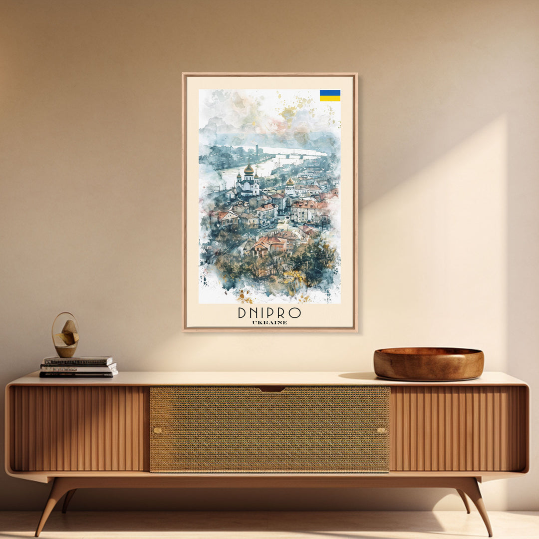 Dnipro Ukraine Urban Landscape Framed Canvas Print, Watercolor Travel Poster, Eastern European Wall Art, Elegant Home Decor, Retro Cityscape Art, Living Room Accent