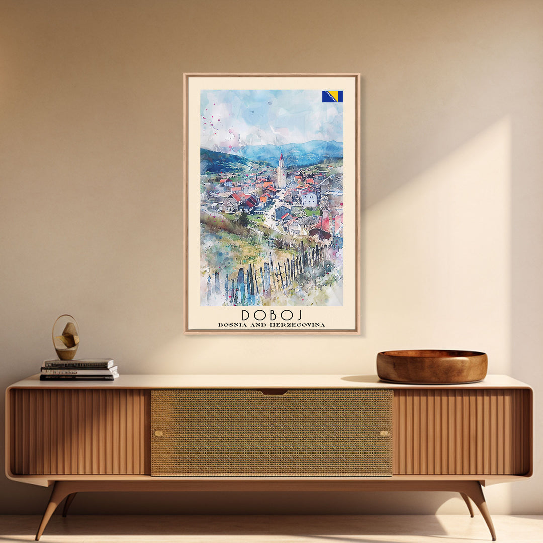 Doboj Bosnia and Herzegovina Countryside Framed Canvas Print, Watercolor Travel Poster, Bosnian Scenic Art, Cozy Home Decor, Rustic Wall Art, Living Room Decor