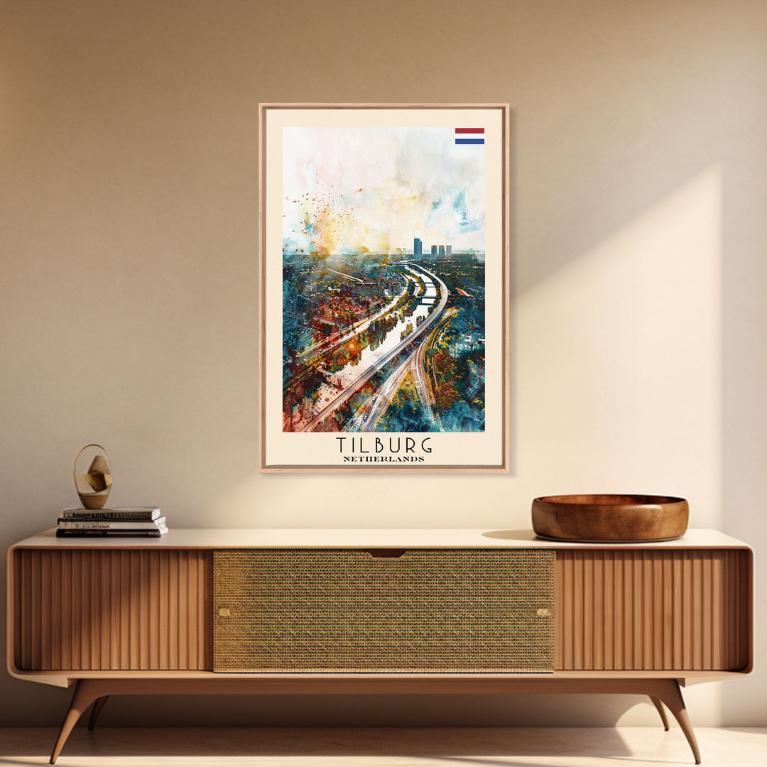 Tilburg Netherlands Travel Poster Framed Canvas Print, Watercolor Painting, Urban Wall Art, Home Decor, Dutch Cityscape, Trendy Decor