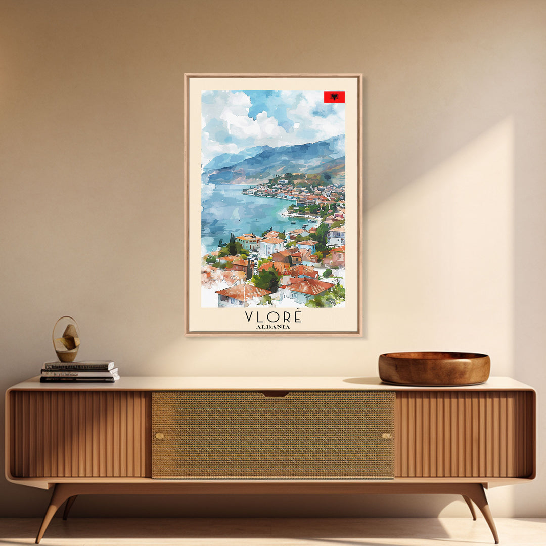 Vlor Albania Travel Poster Framed Canvas Print, Watercolor Painting, Scenic Wall Art, Home Decor, Albanian Landscape, Exotic Decor