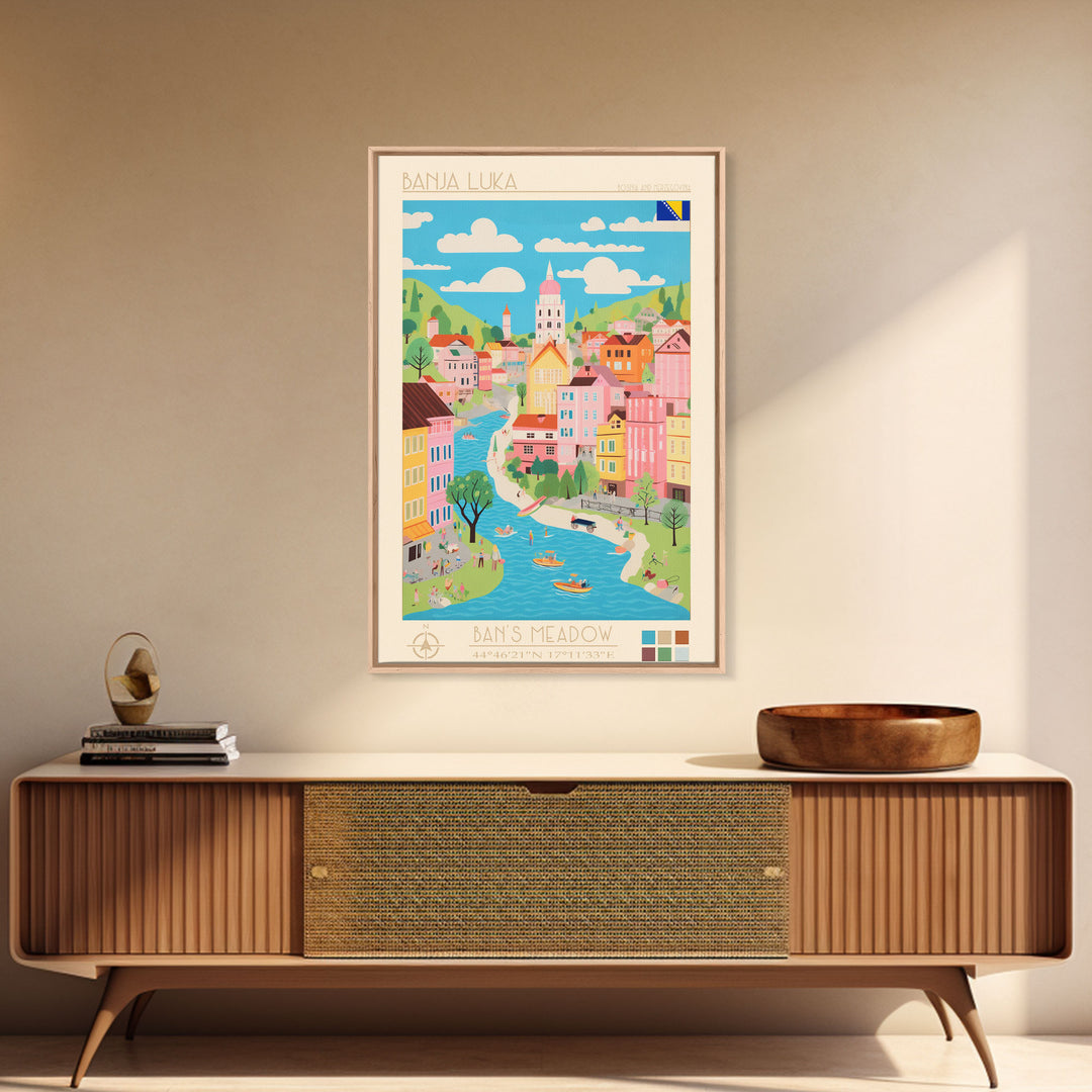 Banja Luka Bosnia Travel Poster Framed Canvas Print, Midcentury Modern Art, Pop Art Wall Decor, Home Decor, Vacation Gift, Living Room Art
