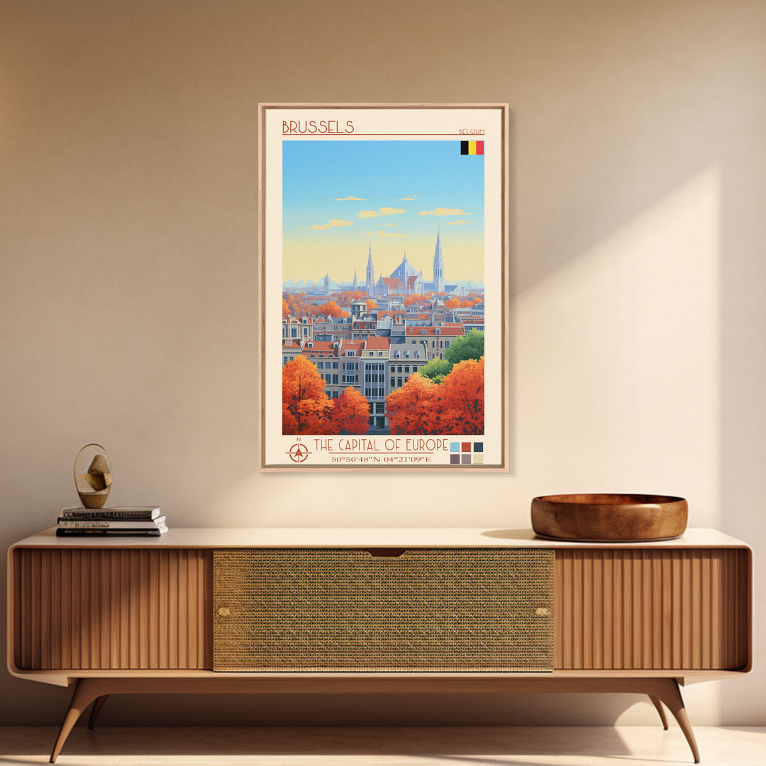 Brussels Belgium Travel Poster Framed Canvas Print, Midcentury Modern Art, Pop Art Wall Decor, Home Decor, Vacation Gift, Living Room Art