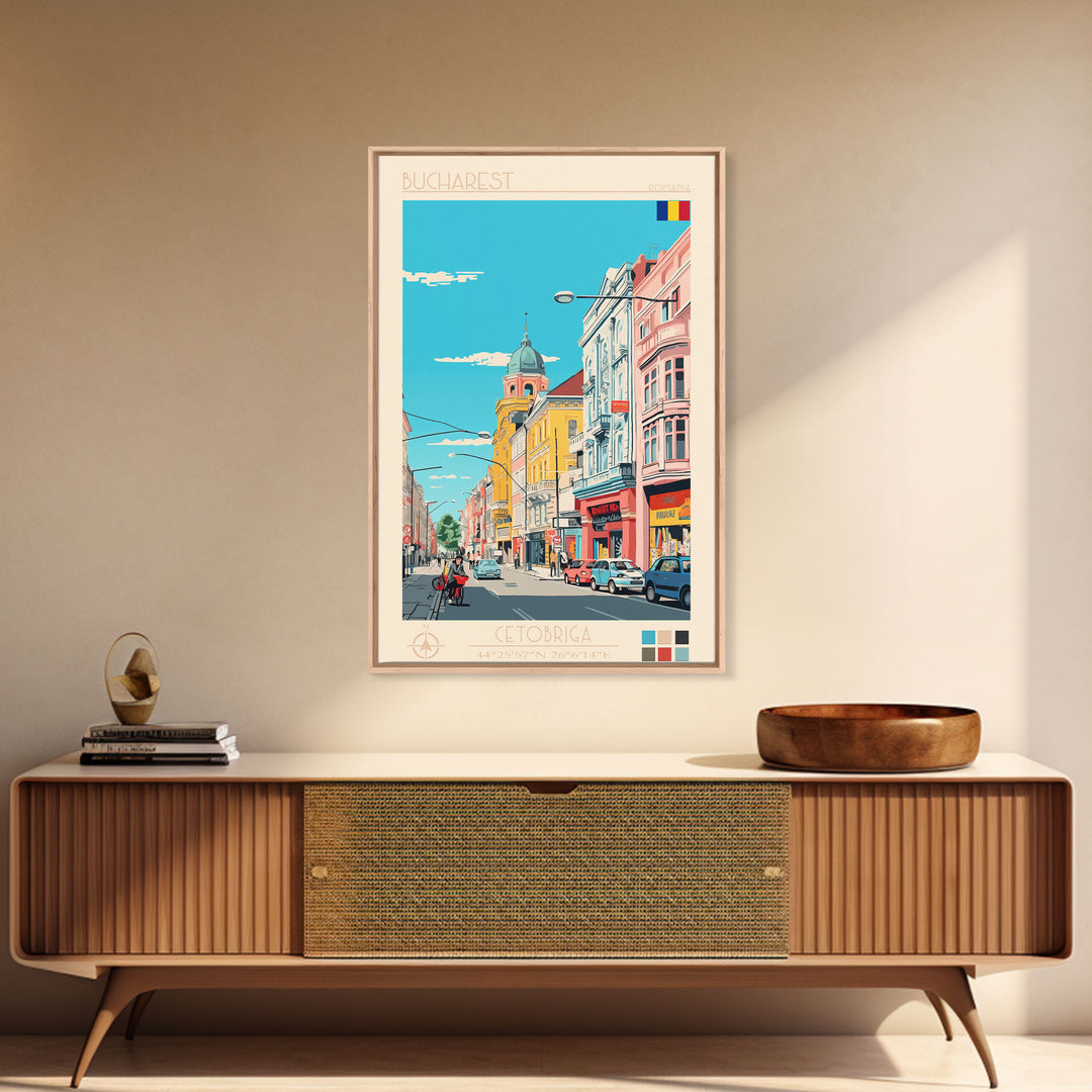 Bucharest Romania Travel Poster Framed Canvas Print, Midcentury Modern Art, Pop Art Wall Decor, Home Decor, Vacation Gift, Living Room Art