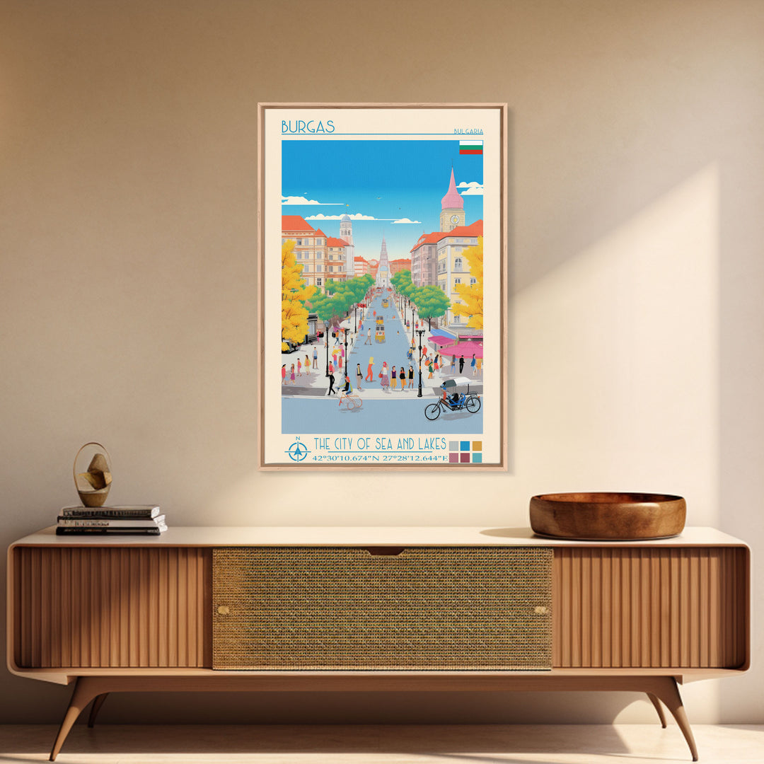 Burgas Bulgaria Travel Poster Framed Canvas Print, Midcentury Modern Art, Pop Art Wall Decor, Home Decor, Vacation Gift, Living Room Art