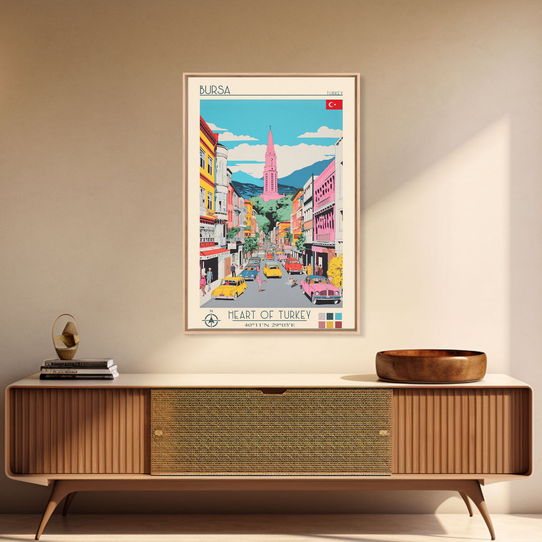 Bursa Turkey Travel Poster Framed Canvas Print, Midcentury Modern Art, Pop Art Wall Decor, Scenic Wall Art, Living Room Art