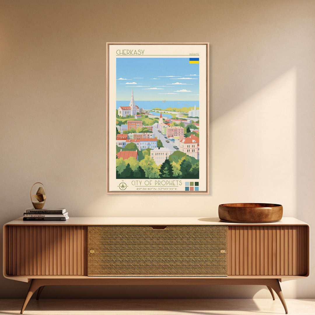 Cherkasy Ukraine Travel Poster Framed Canvas Print, Midcentury Modern Art, Pop Art Wall Decor, Home Decor, Vacation Gift, Living Room Art