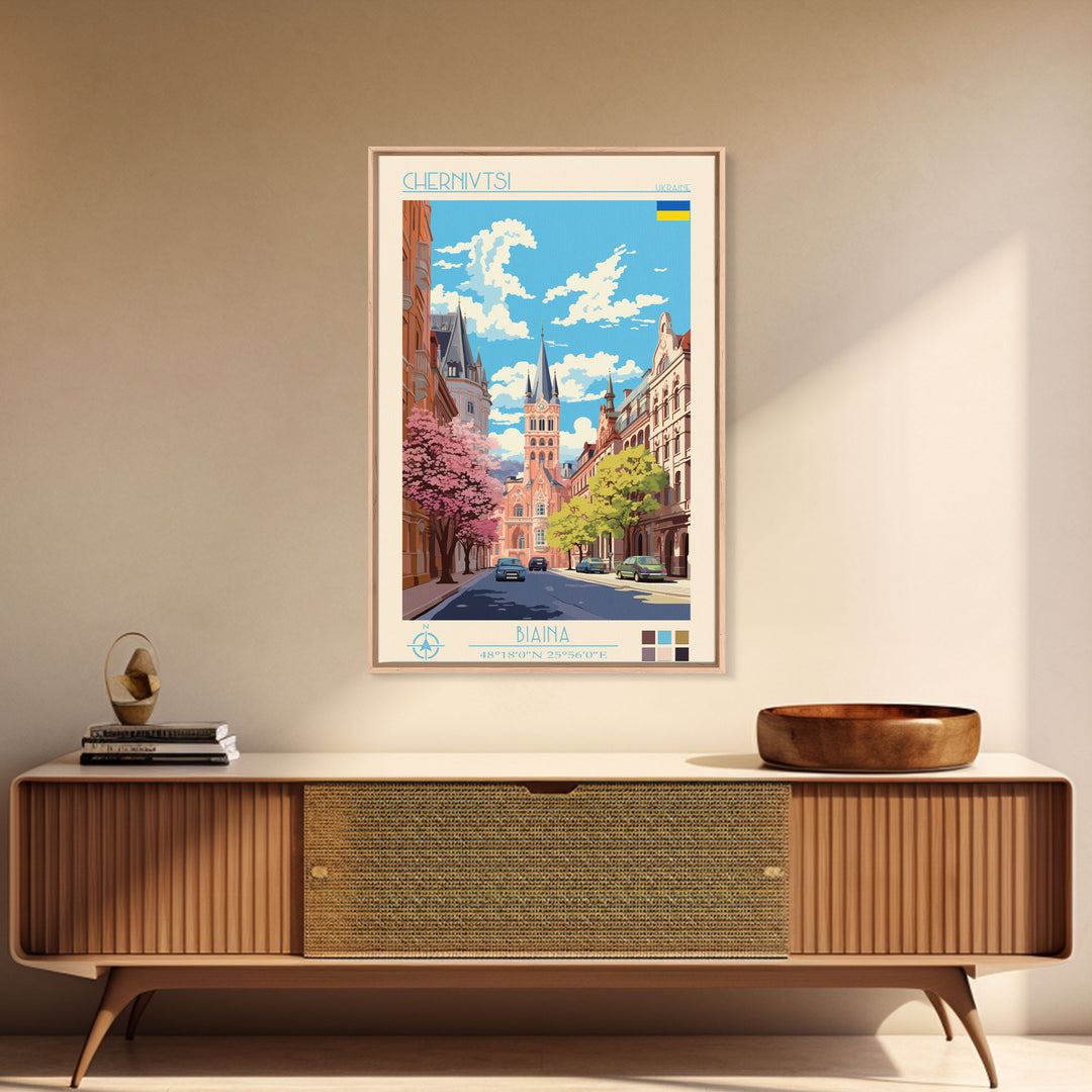Chernivtsi Ukraine Travel Poster Framed Canvas Print, Midcentury Modern Art, Pop Art Wall Decor, Home Decor, Vacation Gift, Living Room Art
