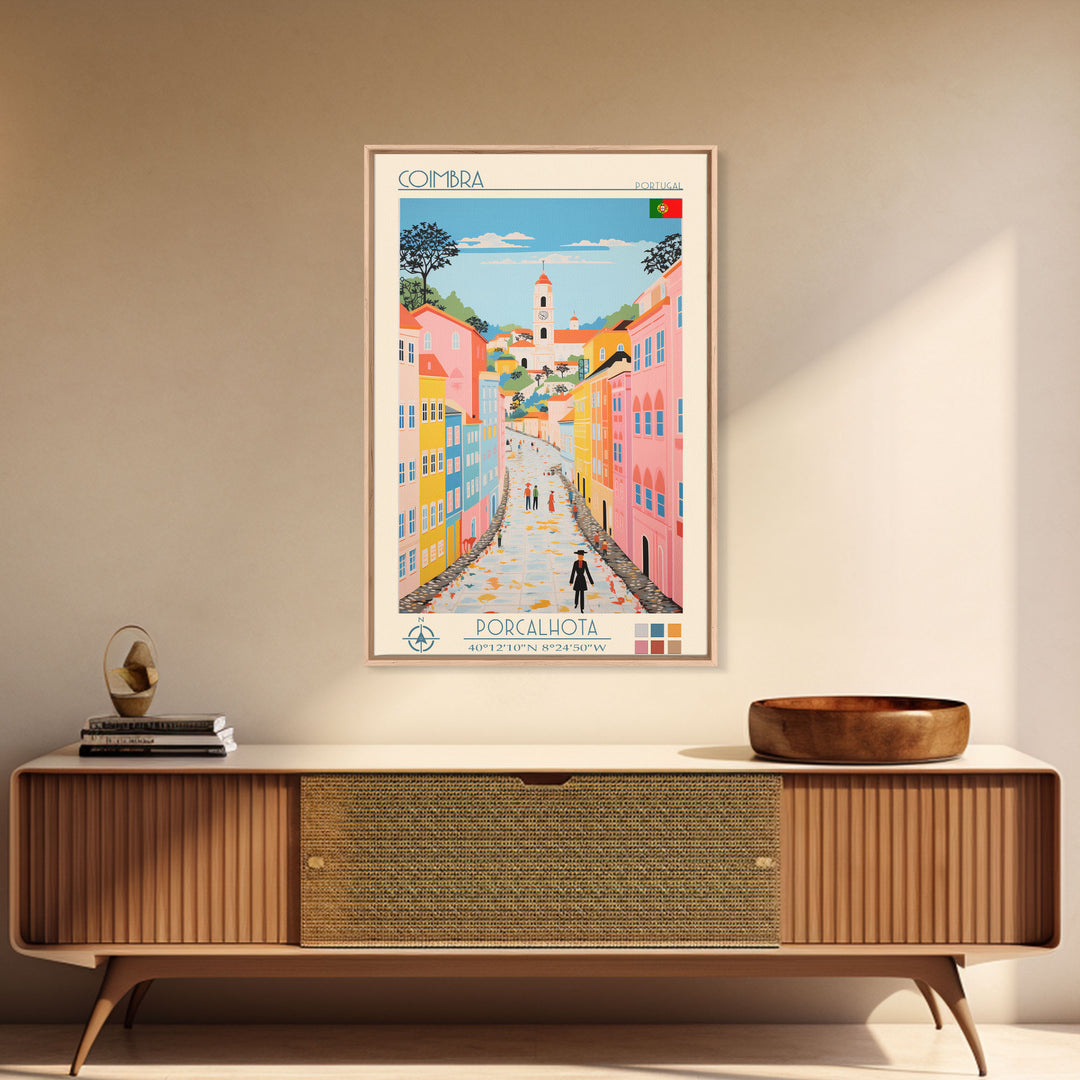 Coimbra Portugal Travel Poster Framed Canvas Print, Midcentury Modern Art, Pop Art Wall Decor, Home Decor, Vacation Gift, Living Room Art