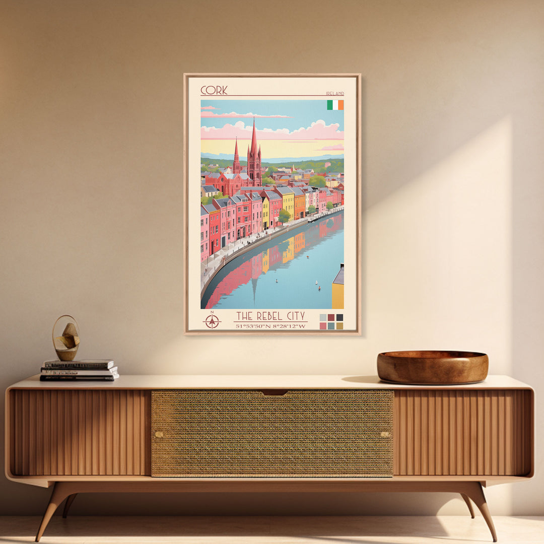 Cork Ireland Travel Poster Framed Canvas Print, Midcentury Modern Art, Pop Art Wall Decor, Home Decor, Vacation Gift, Living Room Art