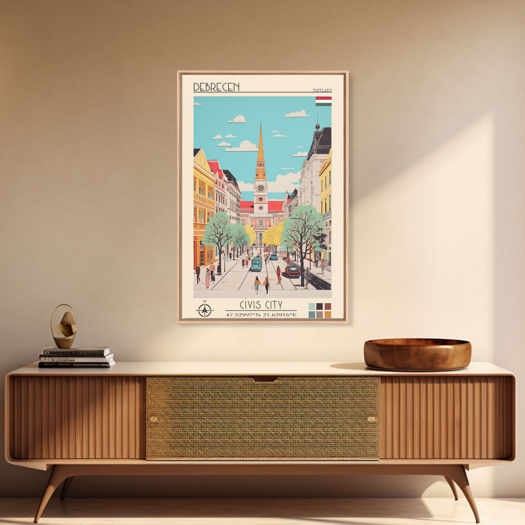 Debrecen Hungary Travel Poster Framed Canvas Print, Midcentury Modern Art, Pop Art Wall Decor, Home Decor, Vacation Gift, Living Room Art