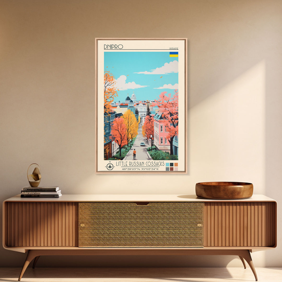 Dnipro Ukraine Travel Poster Framed Canvas Print, Midcentury Modern Art, Pop Art Wall Decor, Home Decor, Vacation Gift, Living Room Art