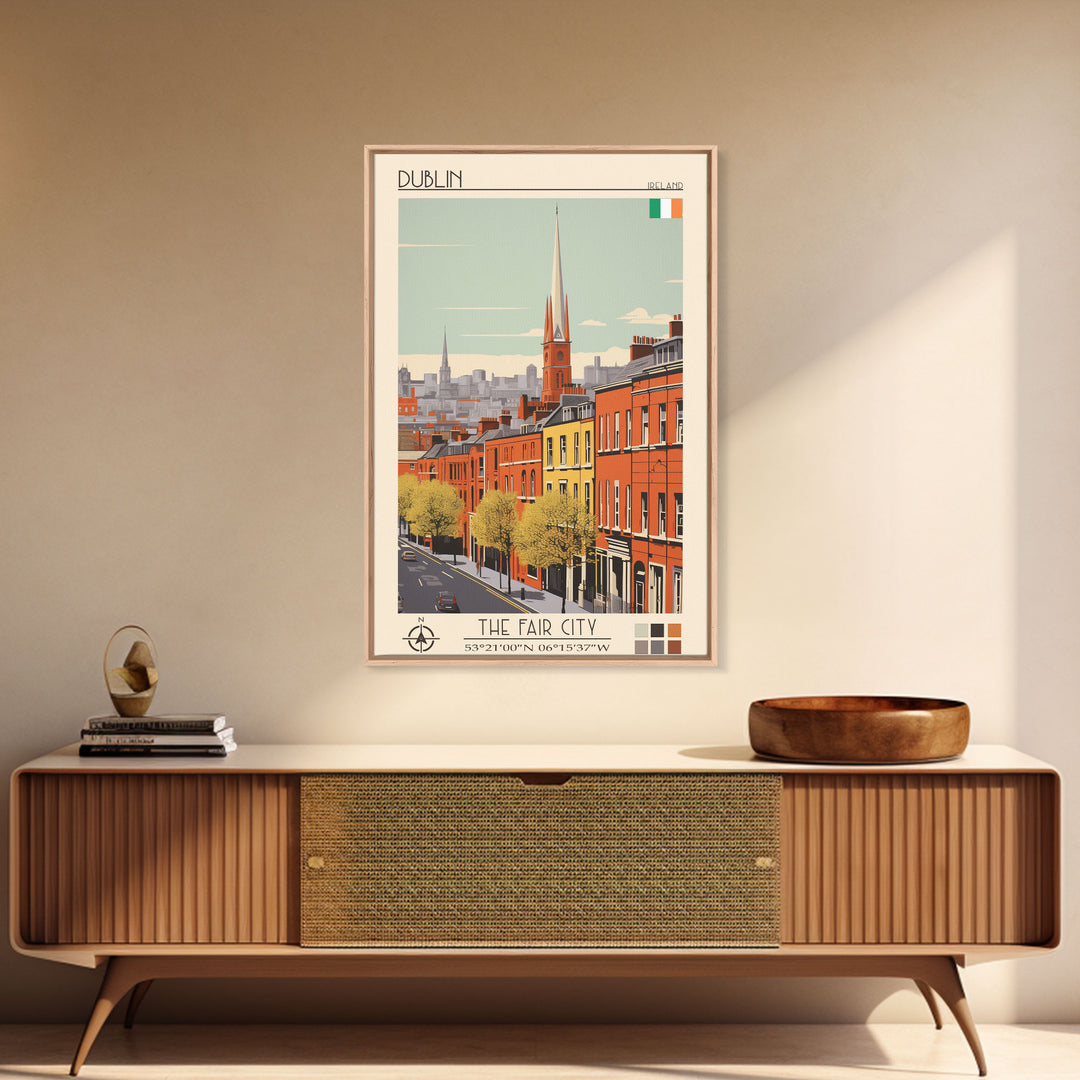 Dublin Ireland Travel Poster Framed Canvas Print, Midcentury Modern Art, Pop Art Wall Decor, Scenic Bedroom Art, Office Decoration