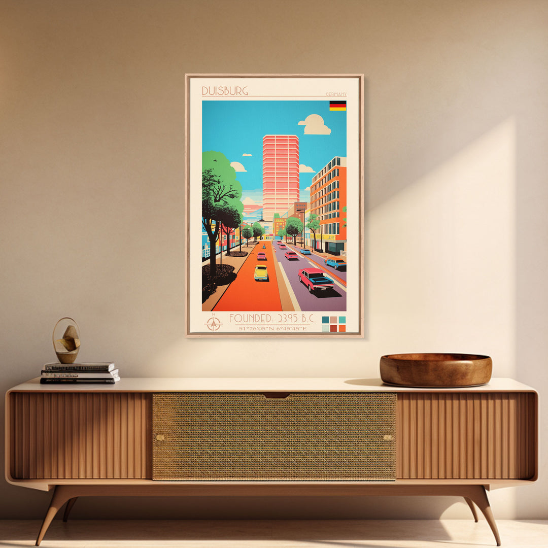 Duisburg Germany Travel Poster Framed Canvas Print, Midcentury Modern Art, Pop Art Wall Decor, Scenic Living Room Art, Bedroom Decor