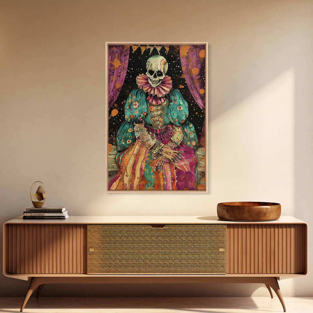 Creepy Skeleton Clown Framed Canvas Print, Cottagecore Halloween Mashup, Spooky Vibes Halloween Decor
