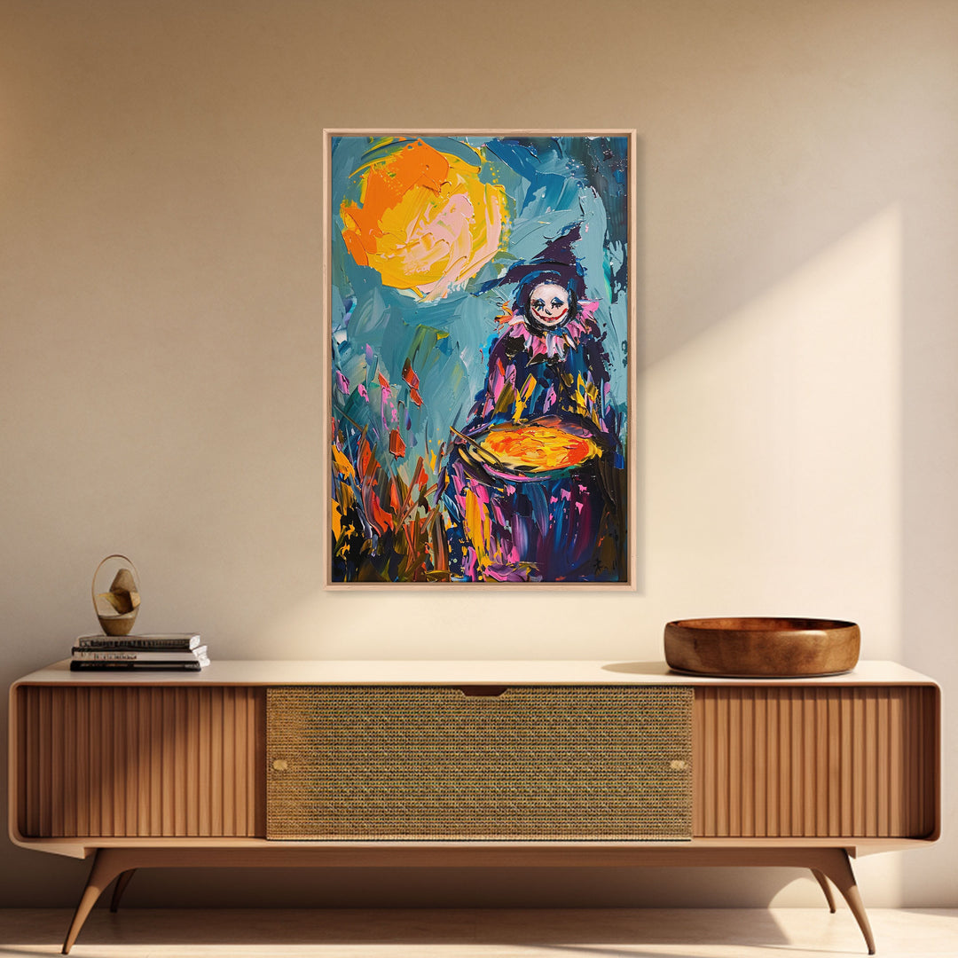Colorful Witch Mixing Potions Framed Canvas Print | Halloween Witch Art | Vibrant Witch Decor for Home | Whimsical Halloween Artwork