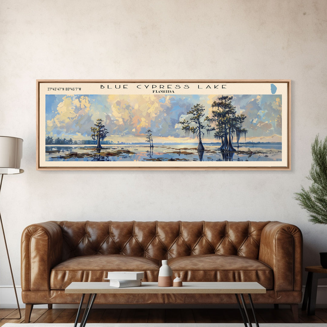 Blue Cypress Lake Florida Framed Canvas Print, Lake House Art, Panoramic Scenic View, Travel Poster, Modern Decor, Lake Painting
